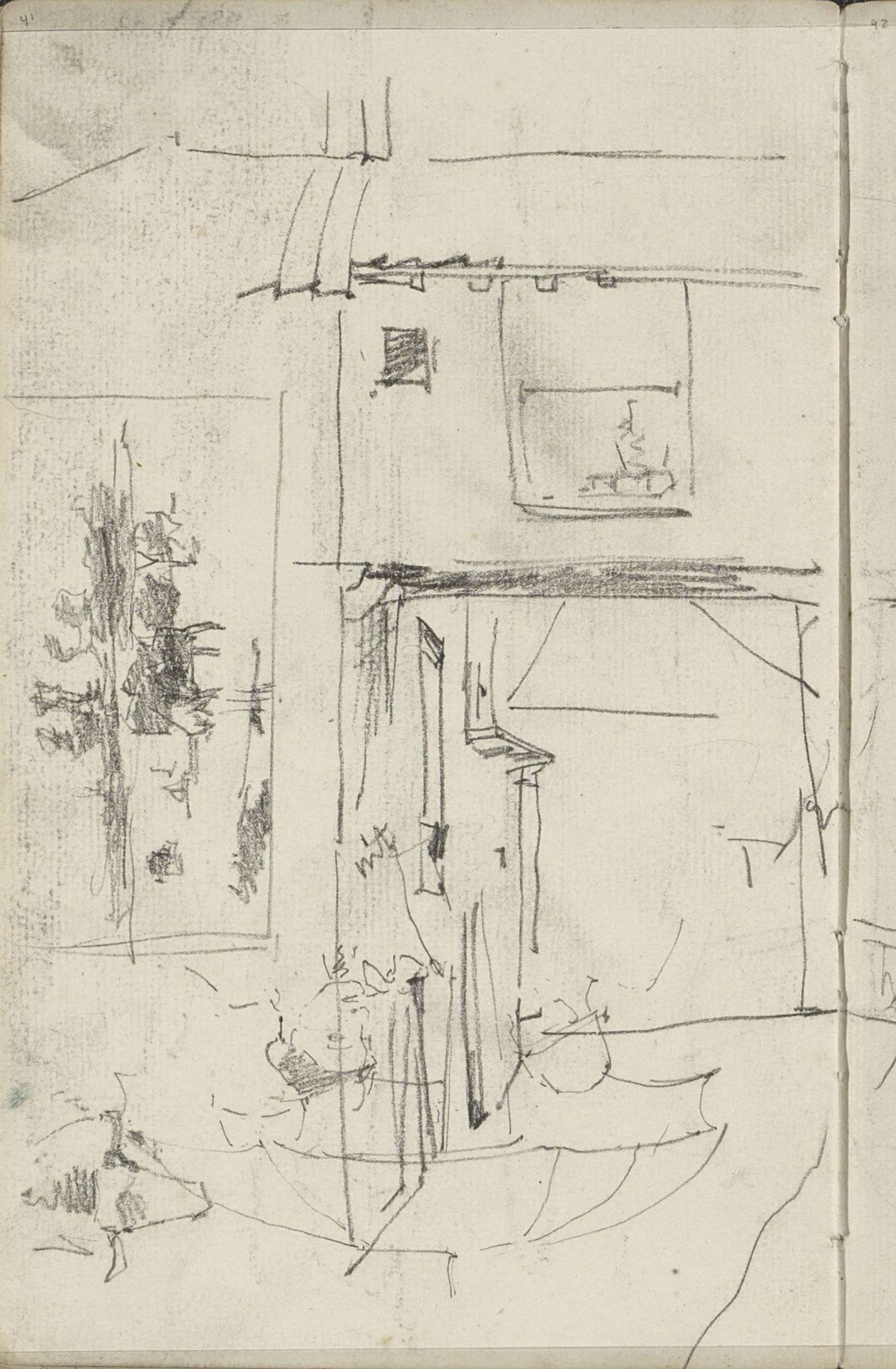 Studieblad met figuren onder een paraplu, koeien in een weiland en een gebouw by George Hendrik Breitner