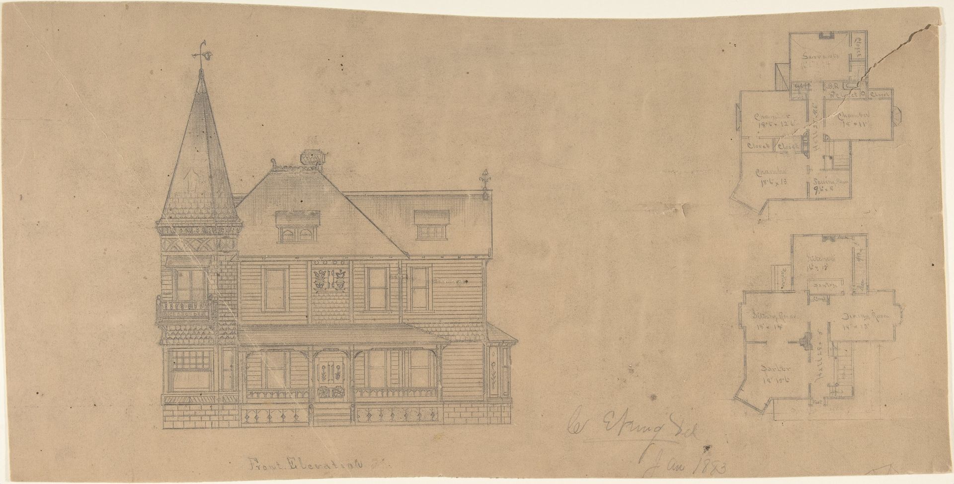 Design for a House, Front Elevation and Plans by W. Strong