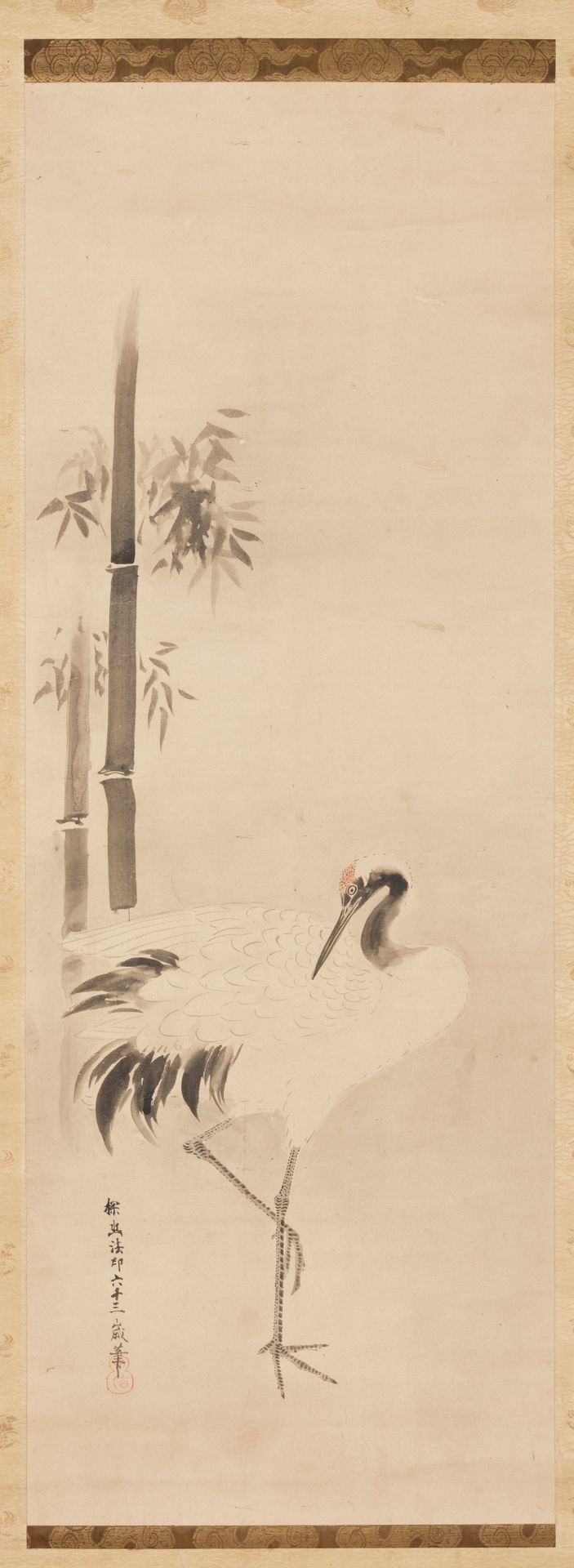 Crane with Pine [left of a triptych of White-Robed Kannon and Cranes] by Kano Tan'yū