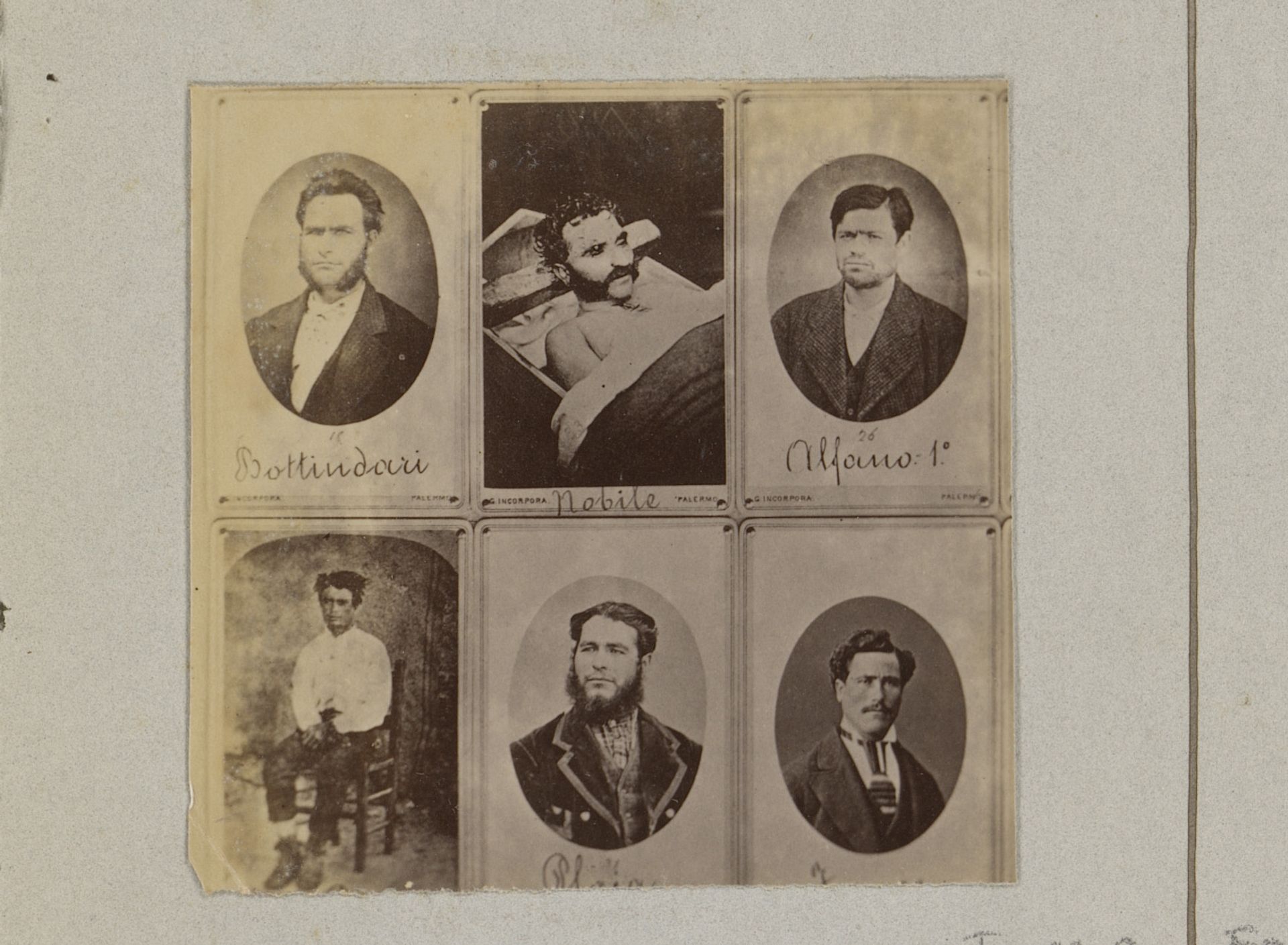 Fotoreproductie van zes portretten van Siciliaanse brigards door Giuseppe Incorpora, verkleind by Marinus Pieter Filbri