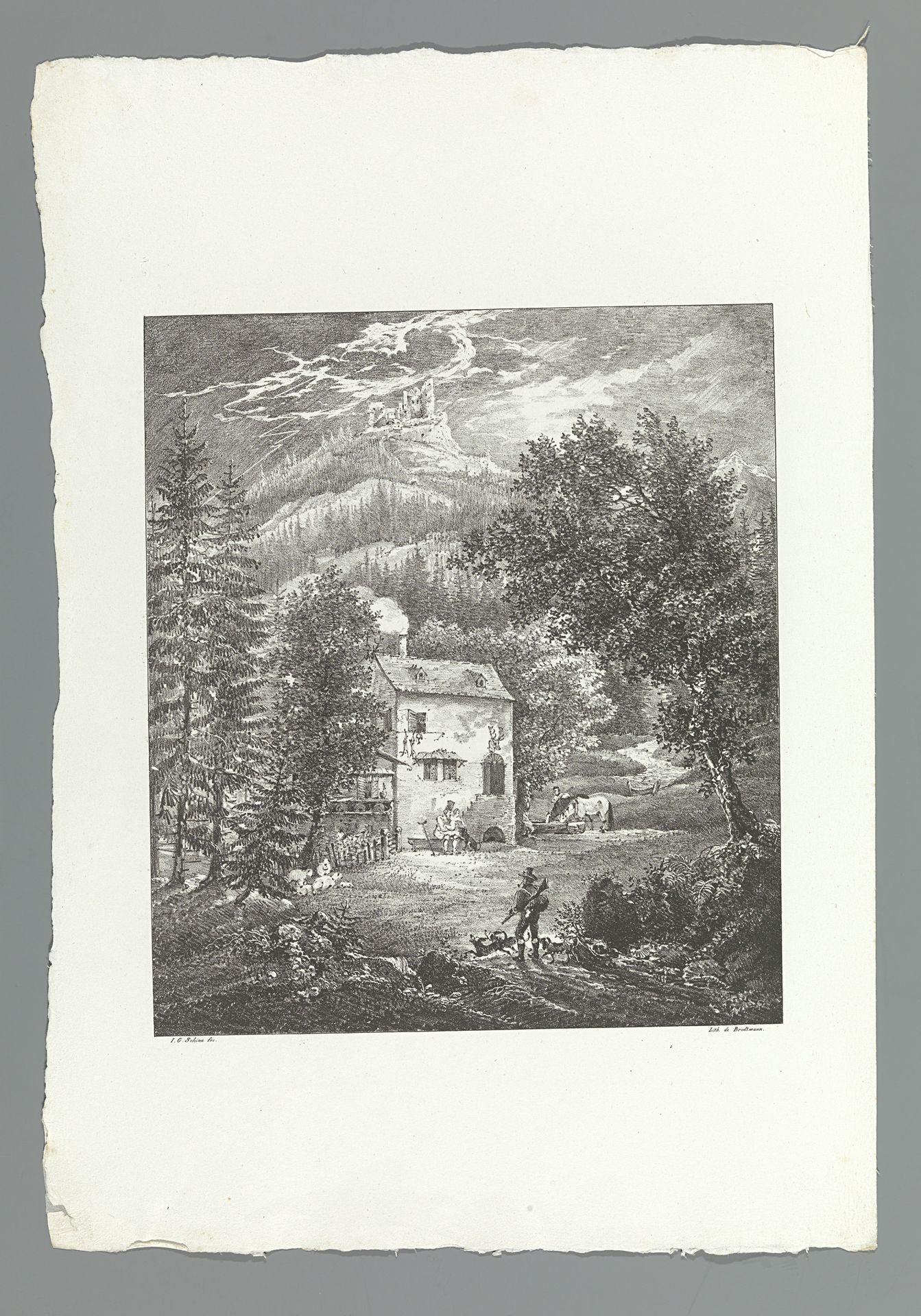 Een jager met honden bij een huis in de bergen by Johann Georg Schinz