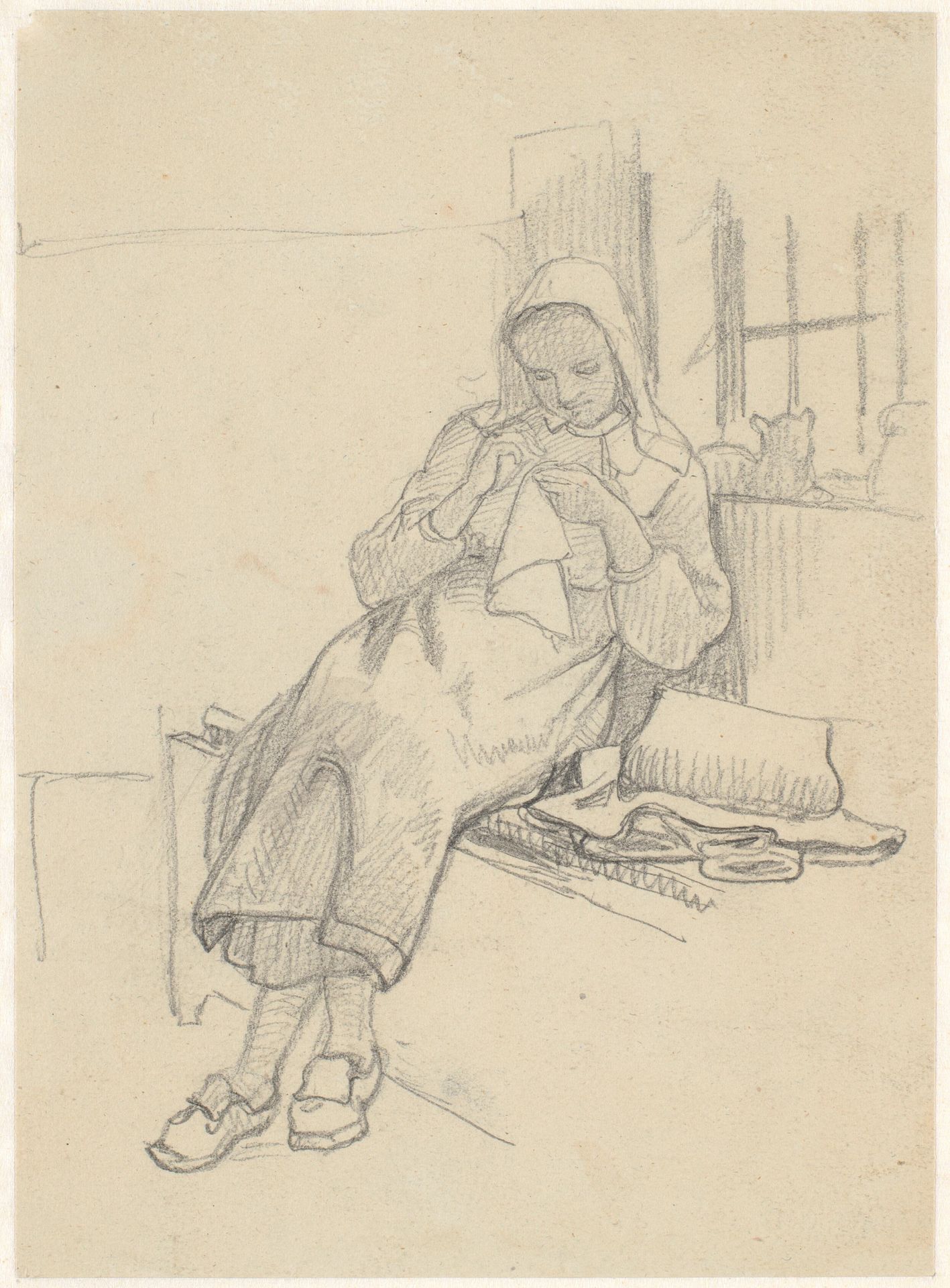 Svensk pige med sytøj, siddende på vinduesbænk by Wilhelm Marstrand