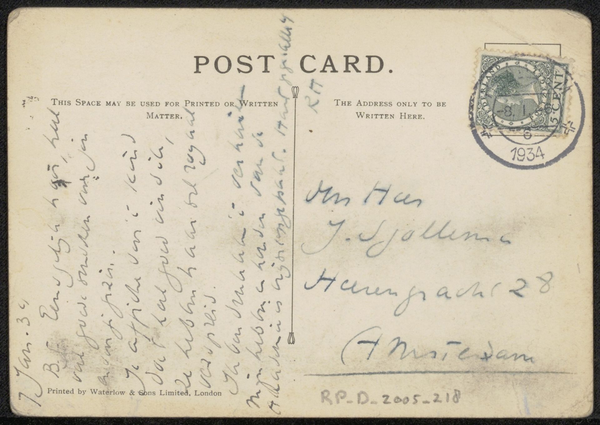 Prentbriefkaart aan Joop Sjollema by Richard Nicolaüs Roland Holst