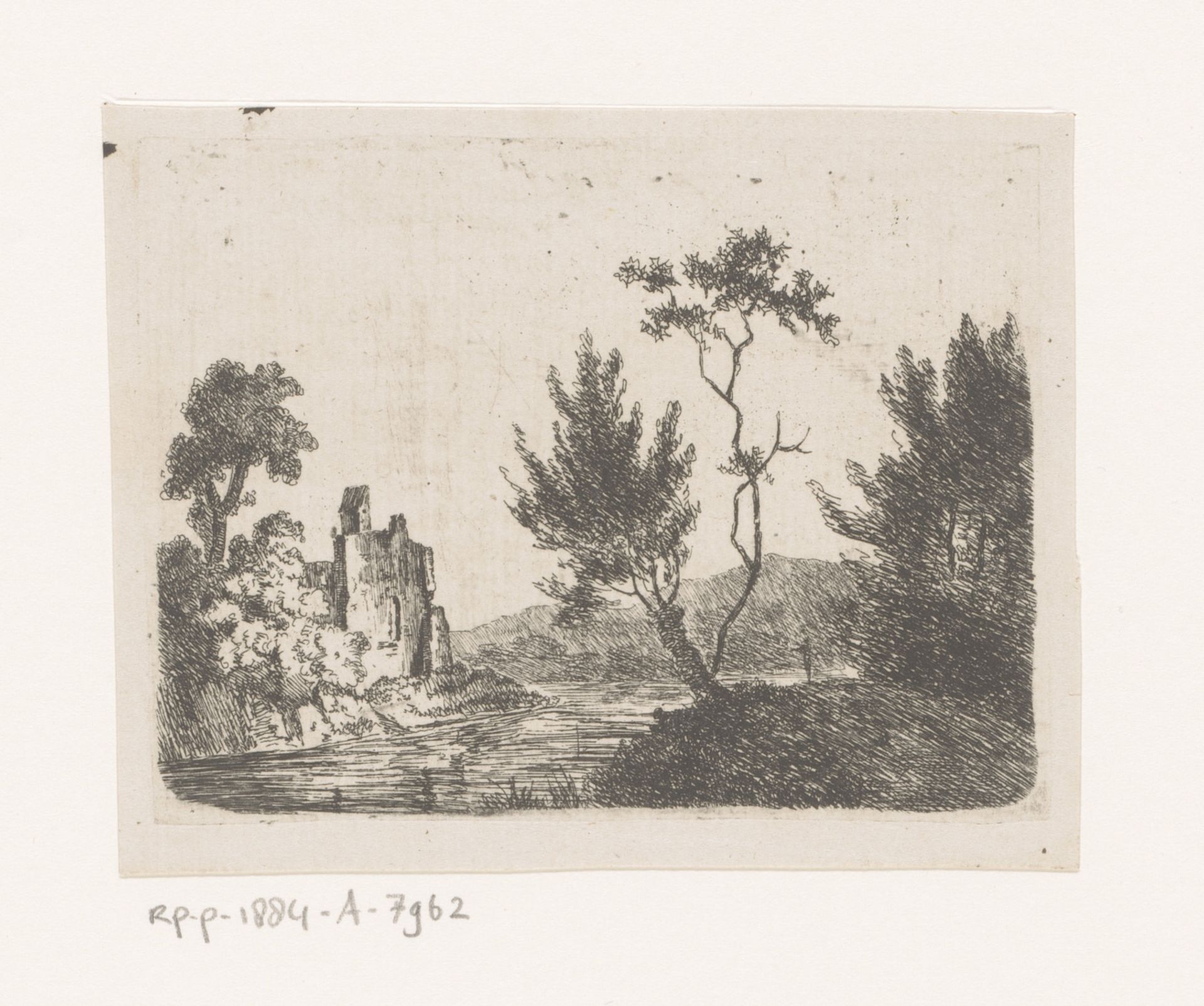 Rivierlandschap met ruïne by J. Cocquereau