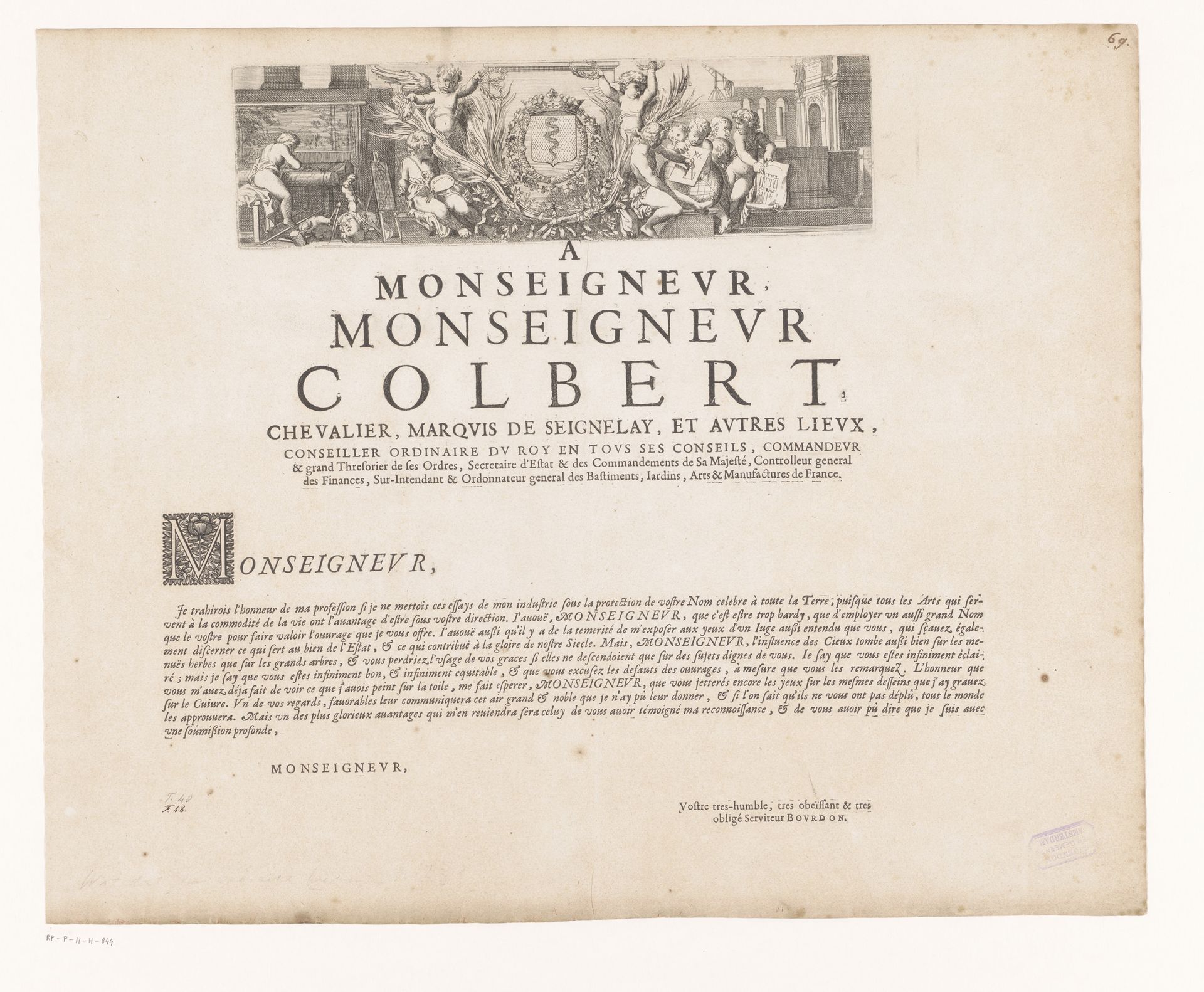 Putti actief in verschillende kunsten en putti met lauwerkransen om een wapenschild by Sebastien Bourdon