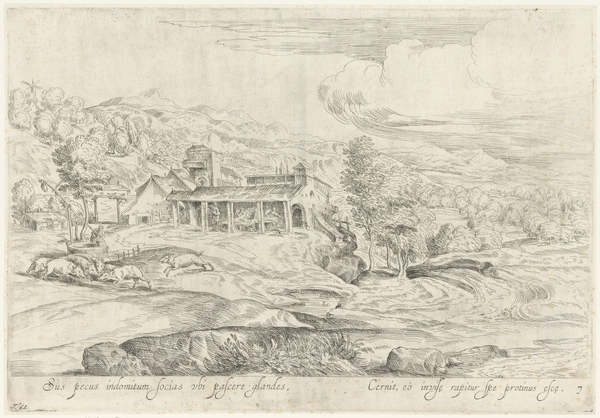 Rivierlandschap met houtzagerij by Anonymous