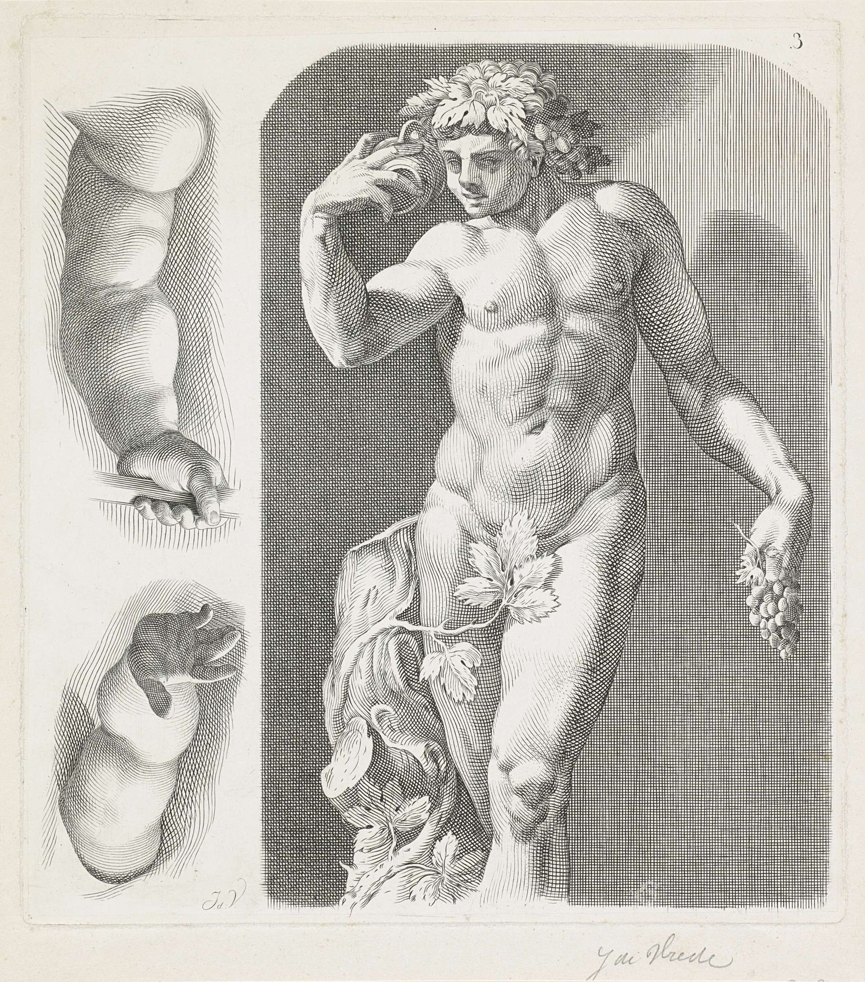 Bacchusbeeld en twee studies van armen by Johannes de Vreede