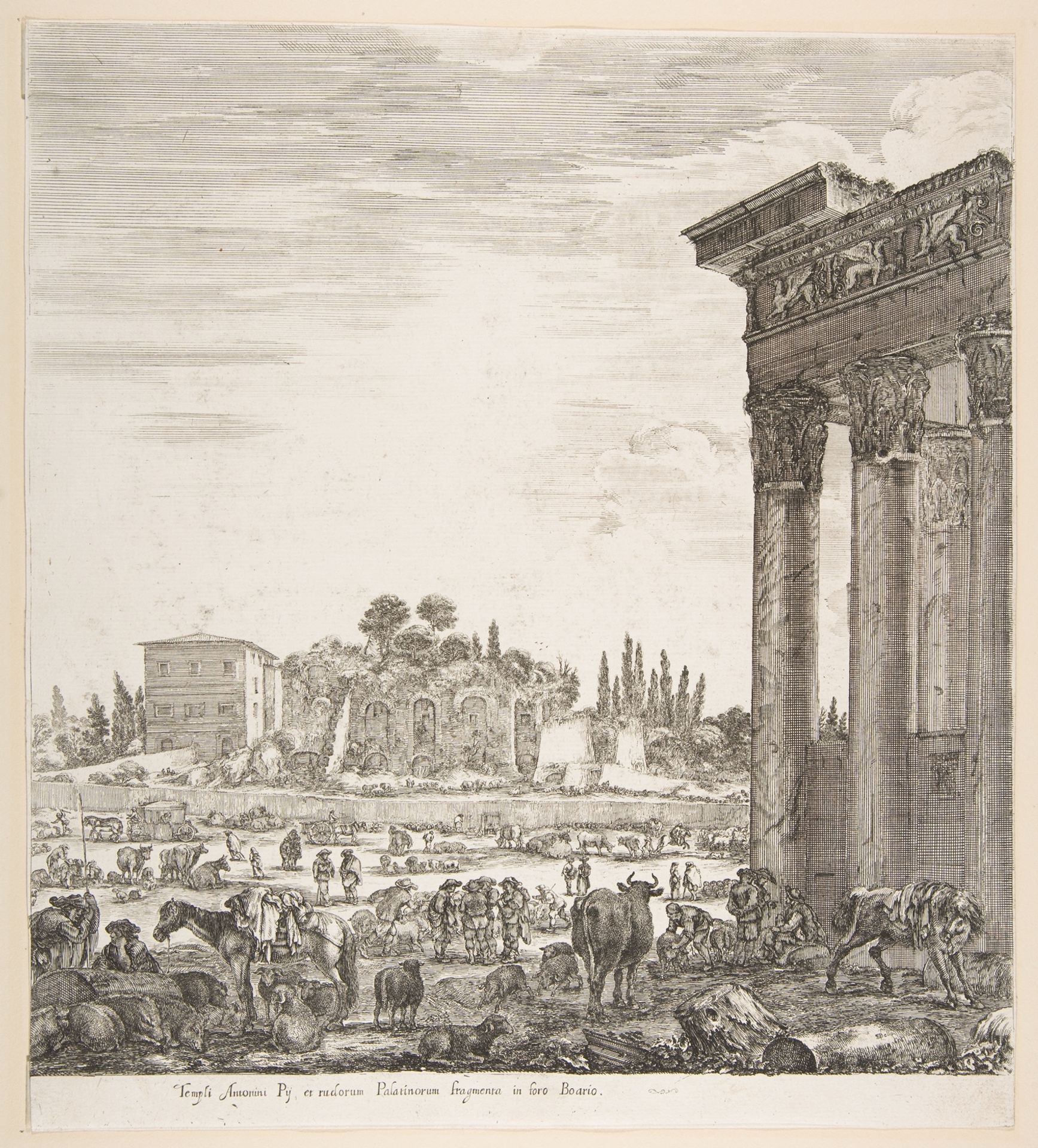 The columns of the Temple of Antoninus to right, a part of the Campo Vaccino in center and at left, along with various animals and figures, the Palatine ruins in the background, from 'Six large views, four of Rome, and two of the Roman countryside' (Six grandes vues, dont quatre de Rome et deux de la Campagne romaine) by Stefano della Bella