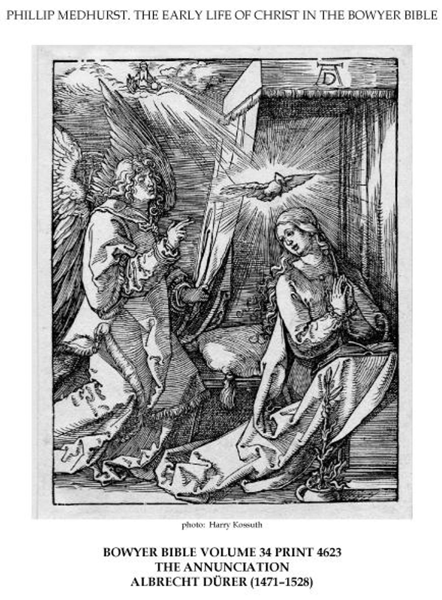On the left the archangel Gabriel approach the praying Virgin Mary in her bedchamber by Albrecht Durer