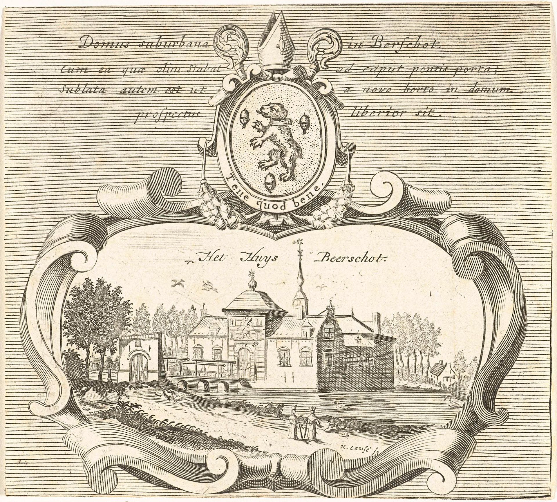 Vignet met Huis Beerschot en bisschoppelijk wapen by Hendrik Causé