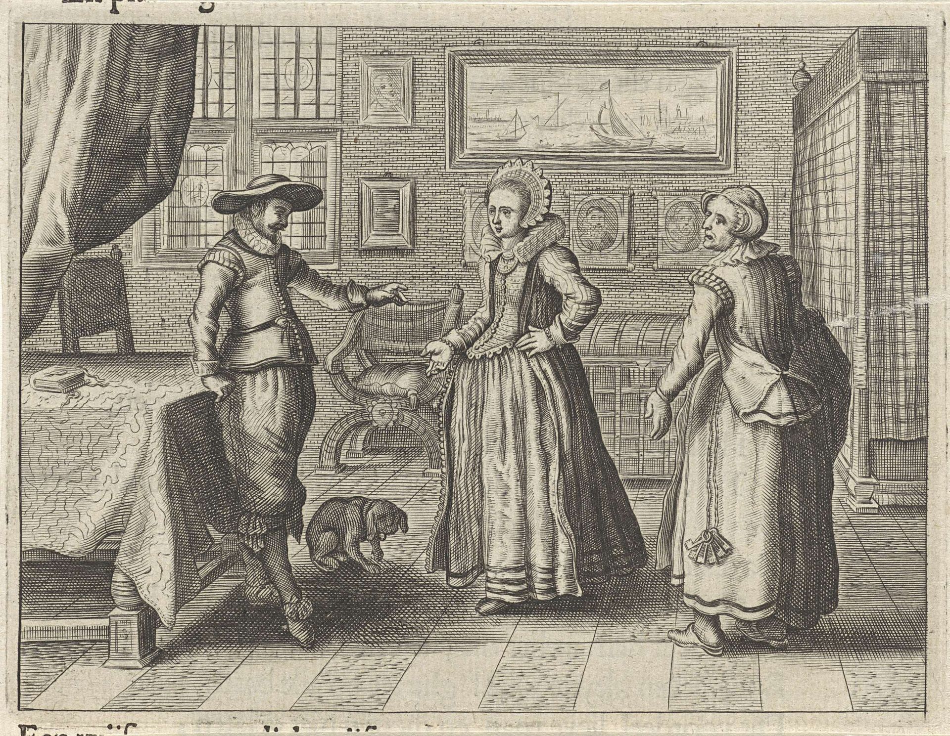 Paar en bediende in een interieur by Pieter Serwouters