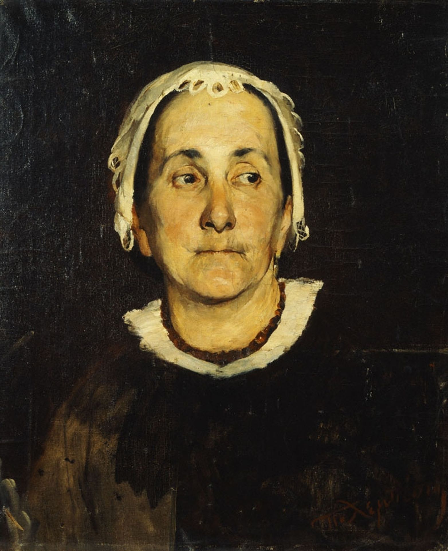 Portrait of lady wearing white cap by Polychronis Lembesis