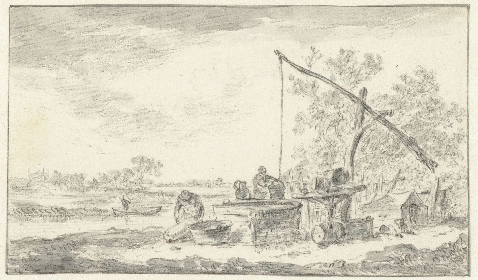 Twee figuren bij een waterput by Jan van Goyen