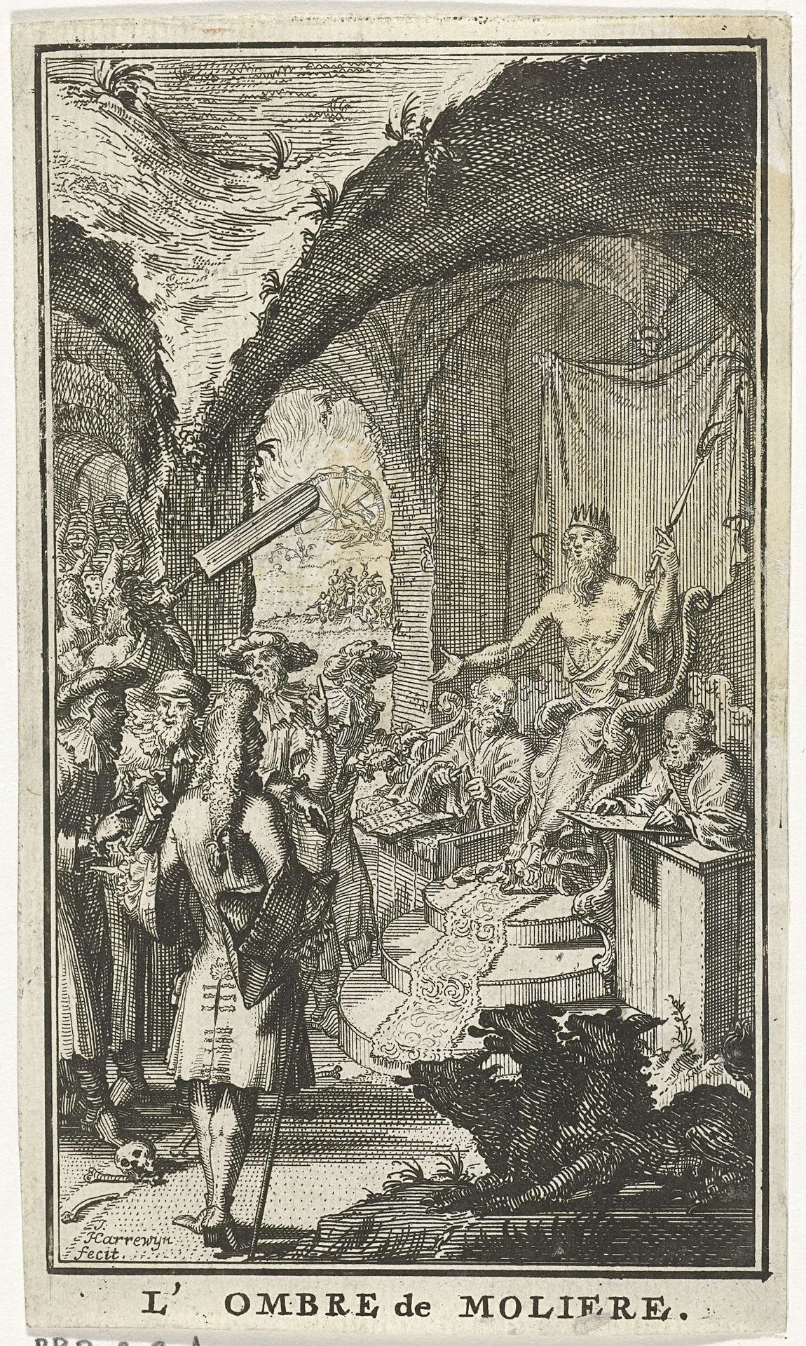 Molière voor de rechters van Pluto by Jacobus Harrewijn