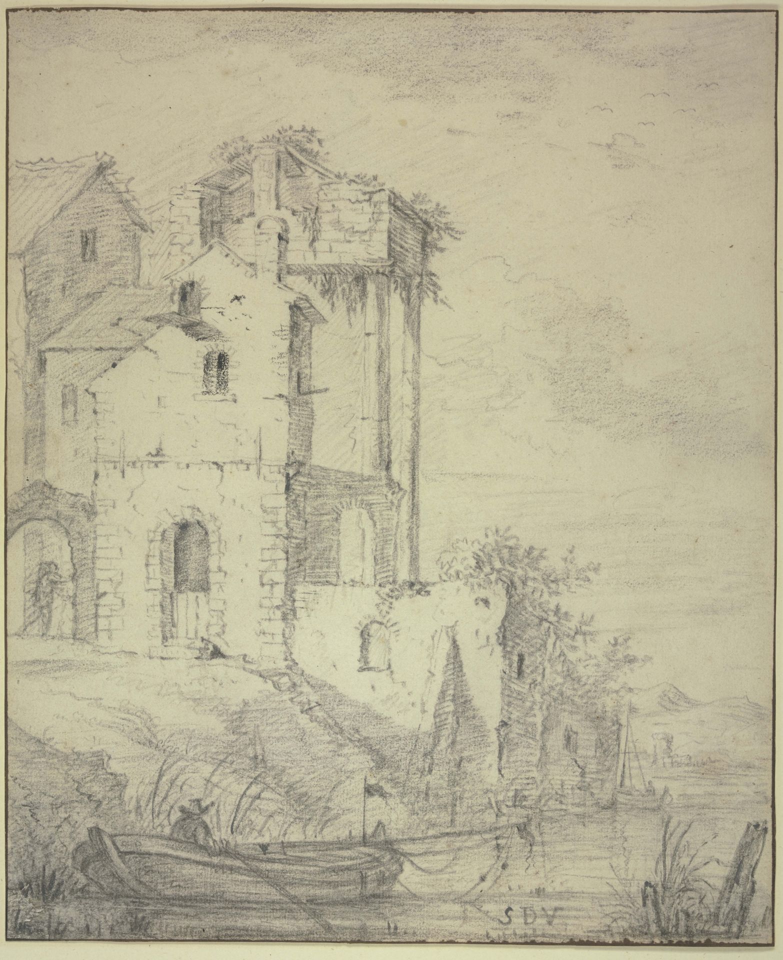 Ruinen am Wasser, vorn ein Kahn mit einem Ruderer by Simon de Vlieger