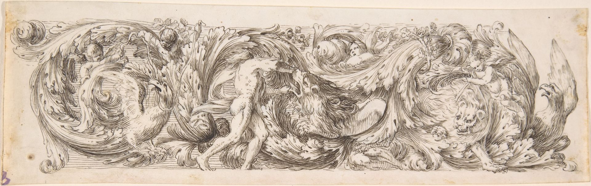 Frieze with Acanthus Scrolls and a Man (Hercules?) fighting a Lion by Jean Le Pautre