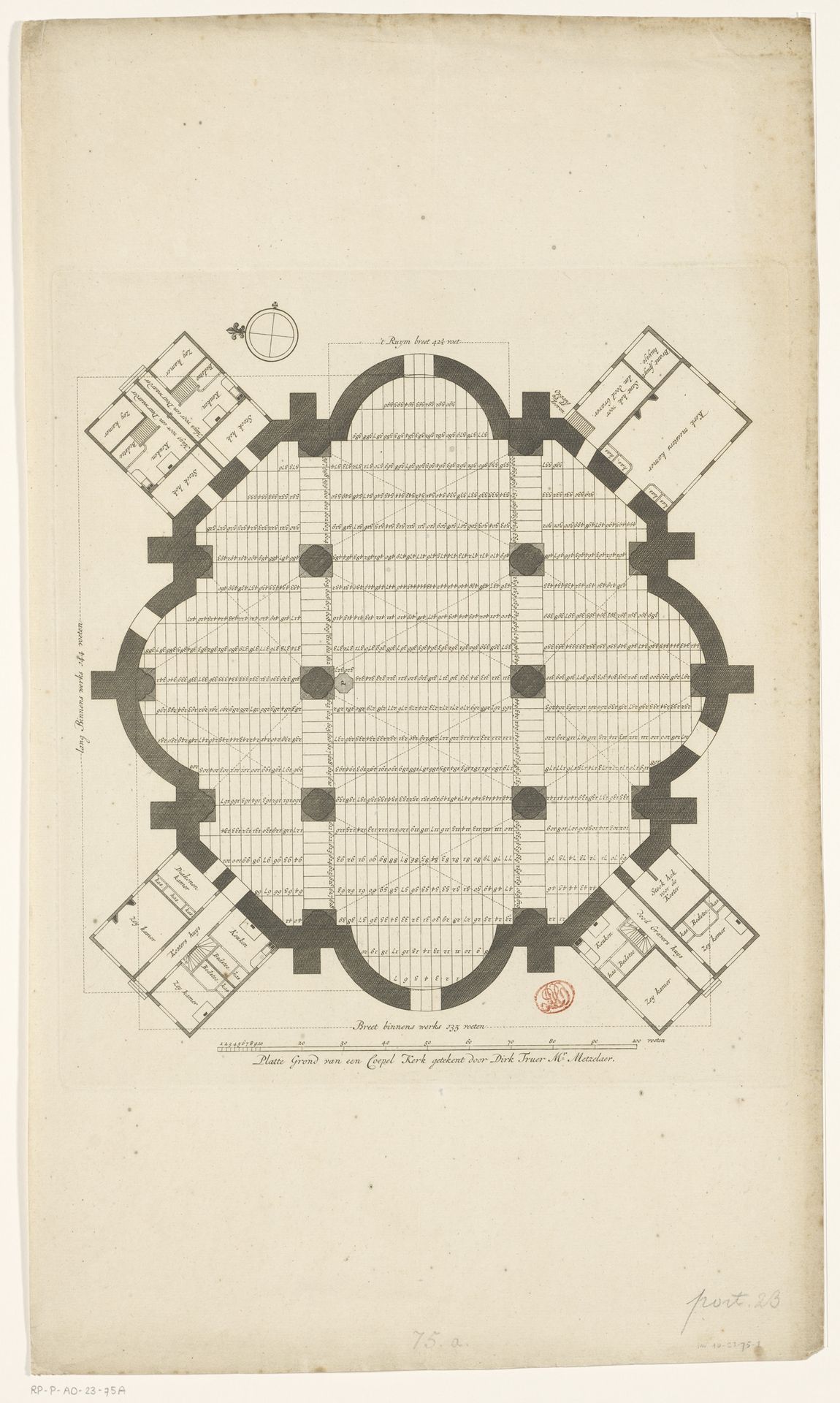 Plattegrond van een koepelkerk voor op de Botermarkt te Amsterdam by Joost van Sassen