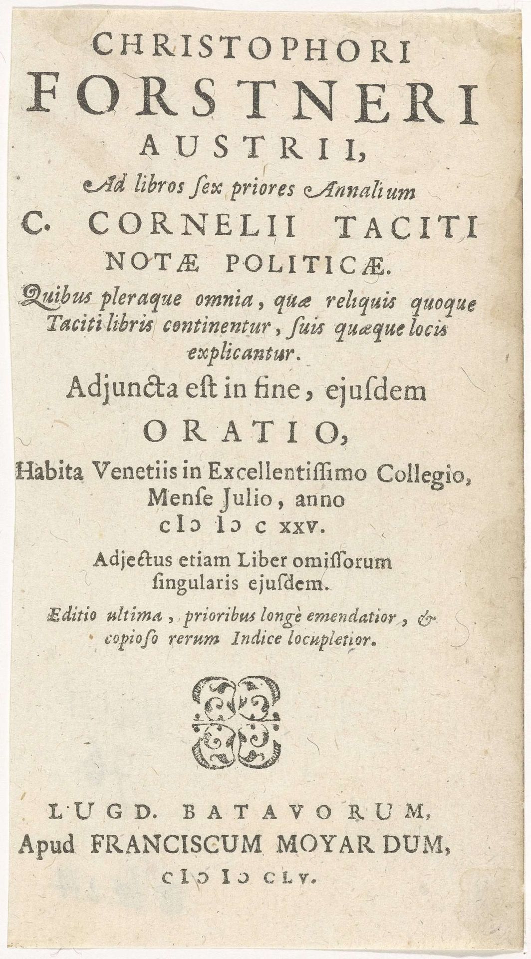 Titelpagina voor:  C. Forstner, C. Cornelii Taciti, notæ politicæ, 1655 by Anonymous