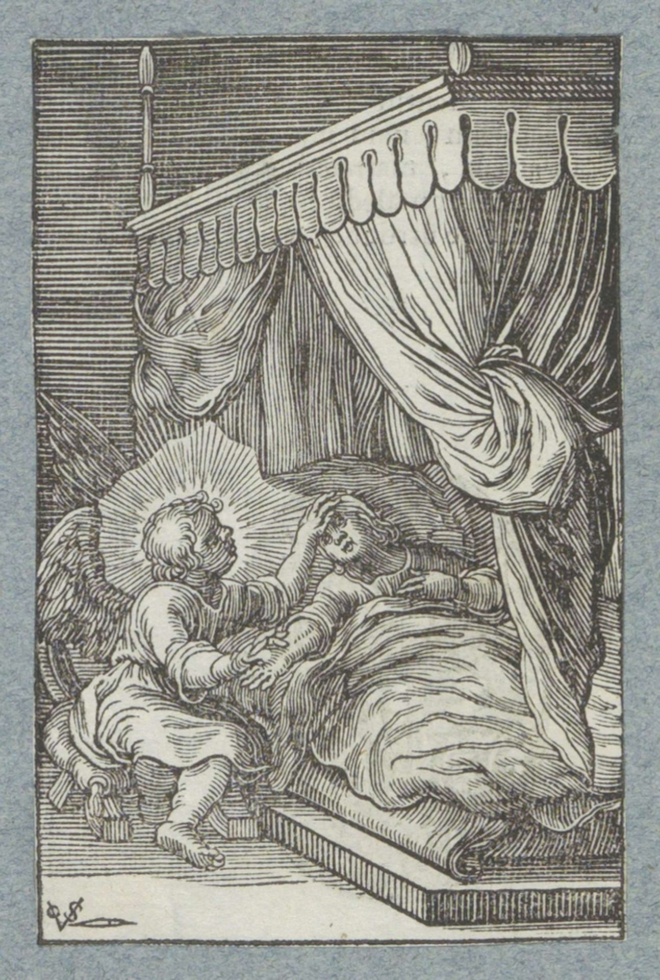 Ziek kind ligt in bed en wordt verzorgd door een engel by Christoffel van (II) Sichem