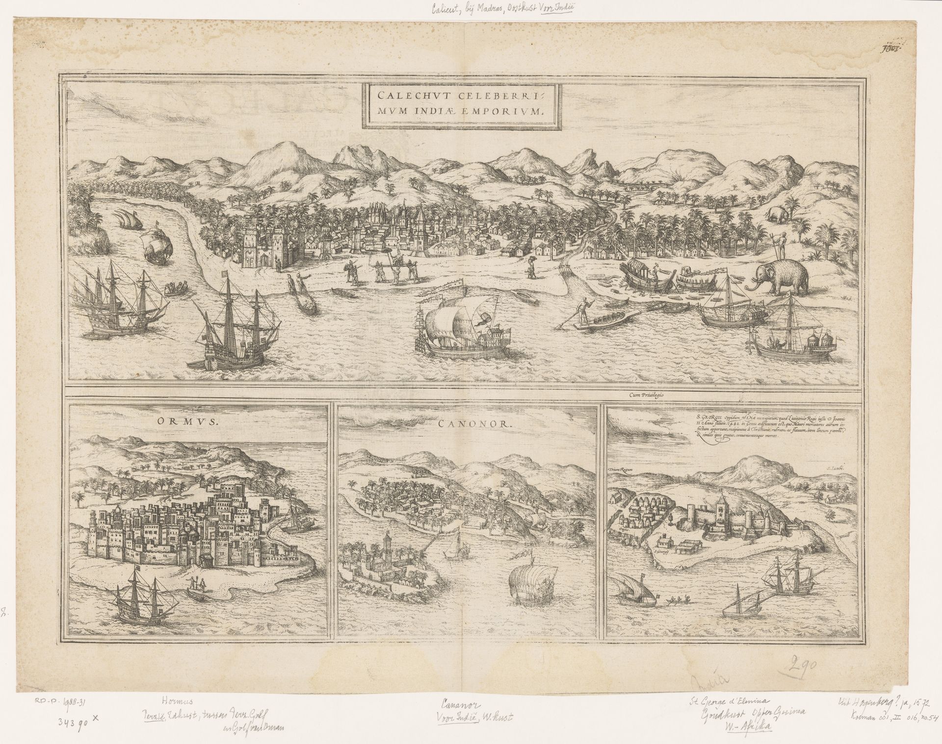 Gezichten op Calicut, Hormuz, Cannanore en Elmina by Frans Hogenberg