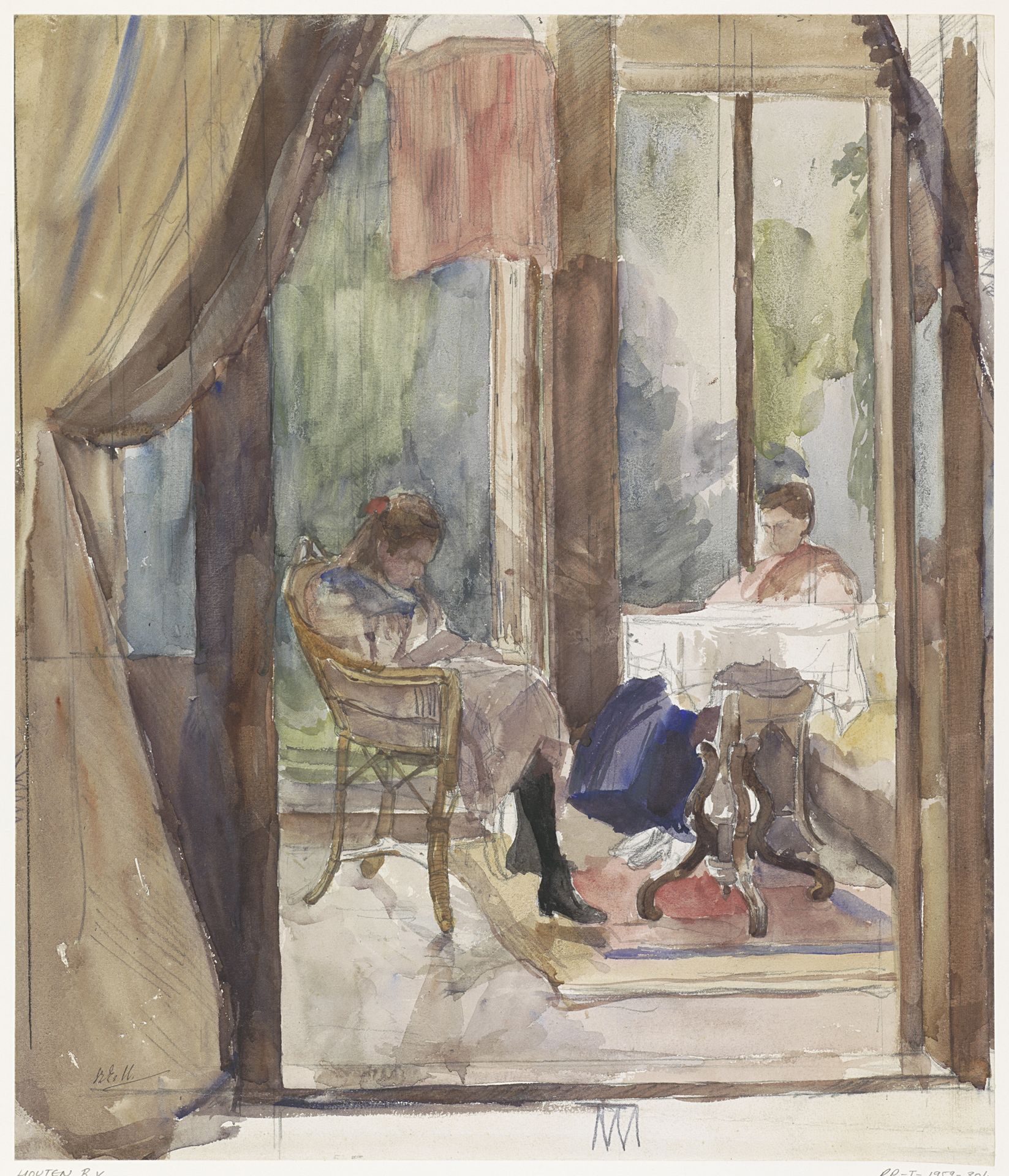 Dame en een jong meisje, beide lezend in de serre van het huis aan de Riouwstraat 6, te Den Haag by Barbara Elisabeth van Houten