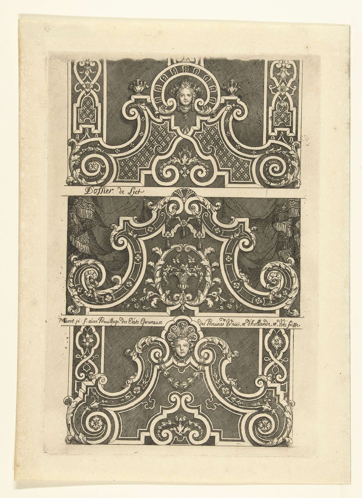 Drie hoofdeinden van bedden by Daniël (I) Marot
