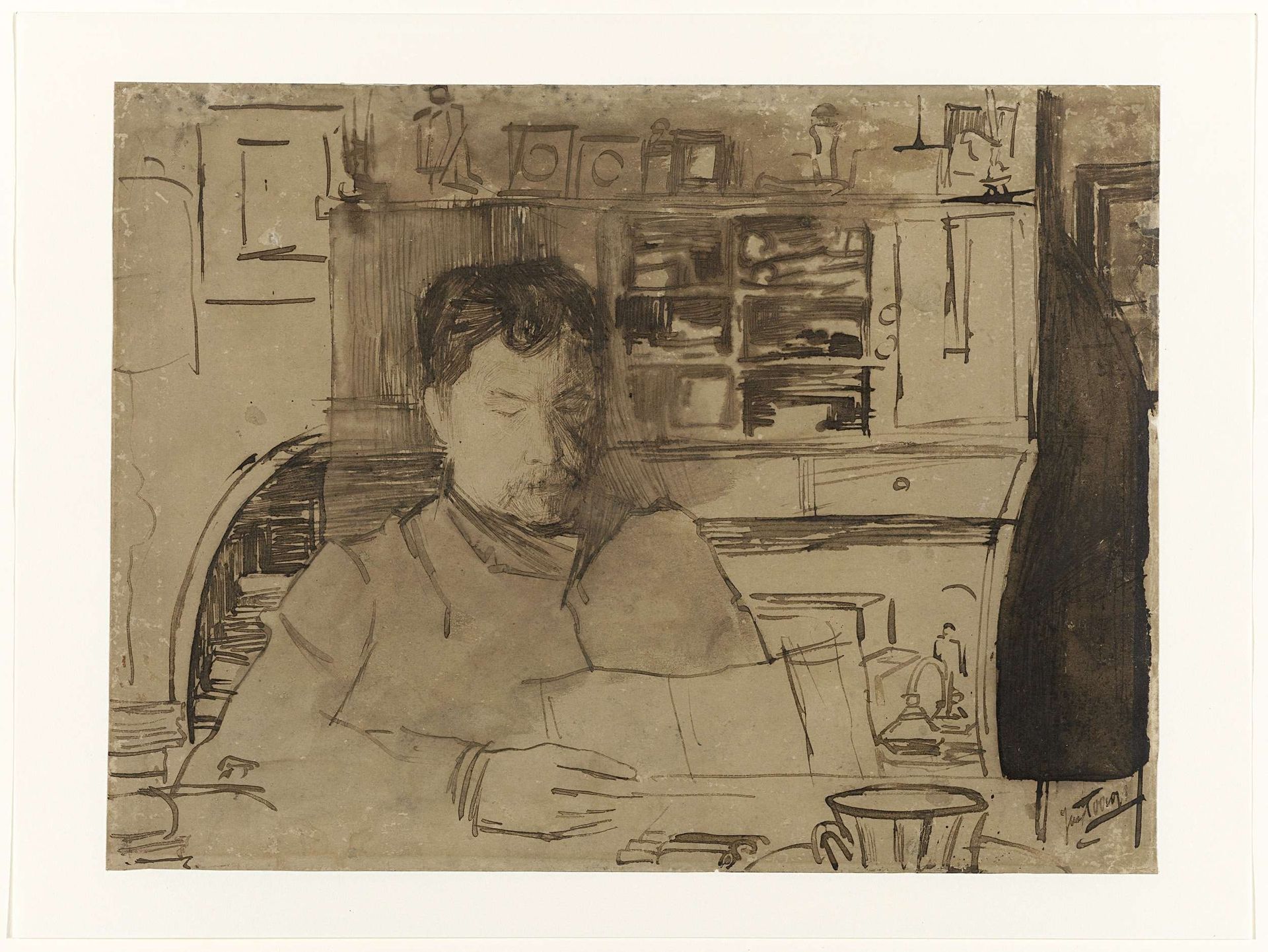 Portret van een lezende man, zittend in een interieur aan een tafel by Jan Toorop