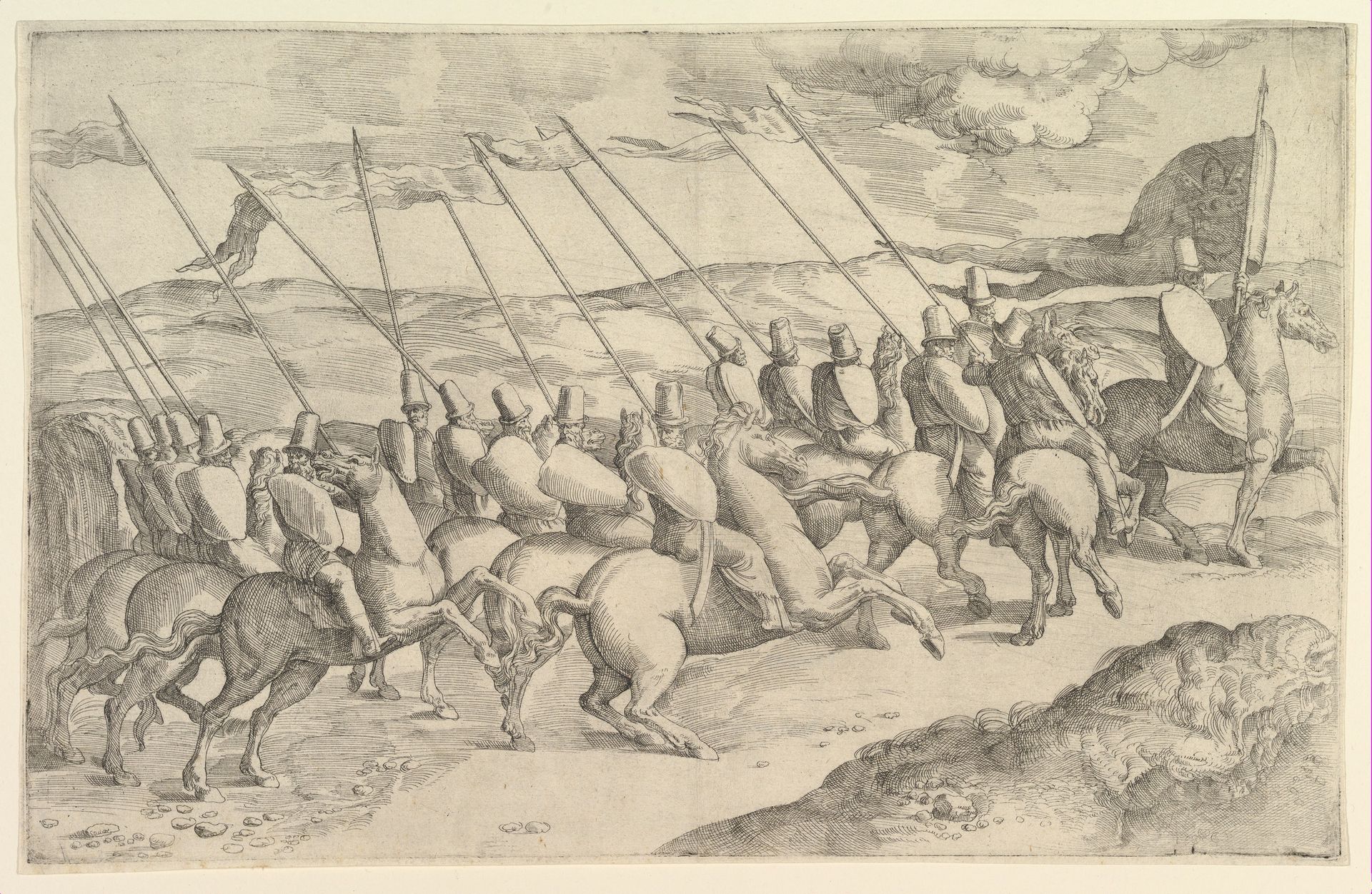 A company of horsemen riding to the right by Battista Franco