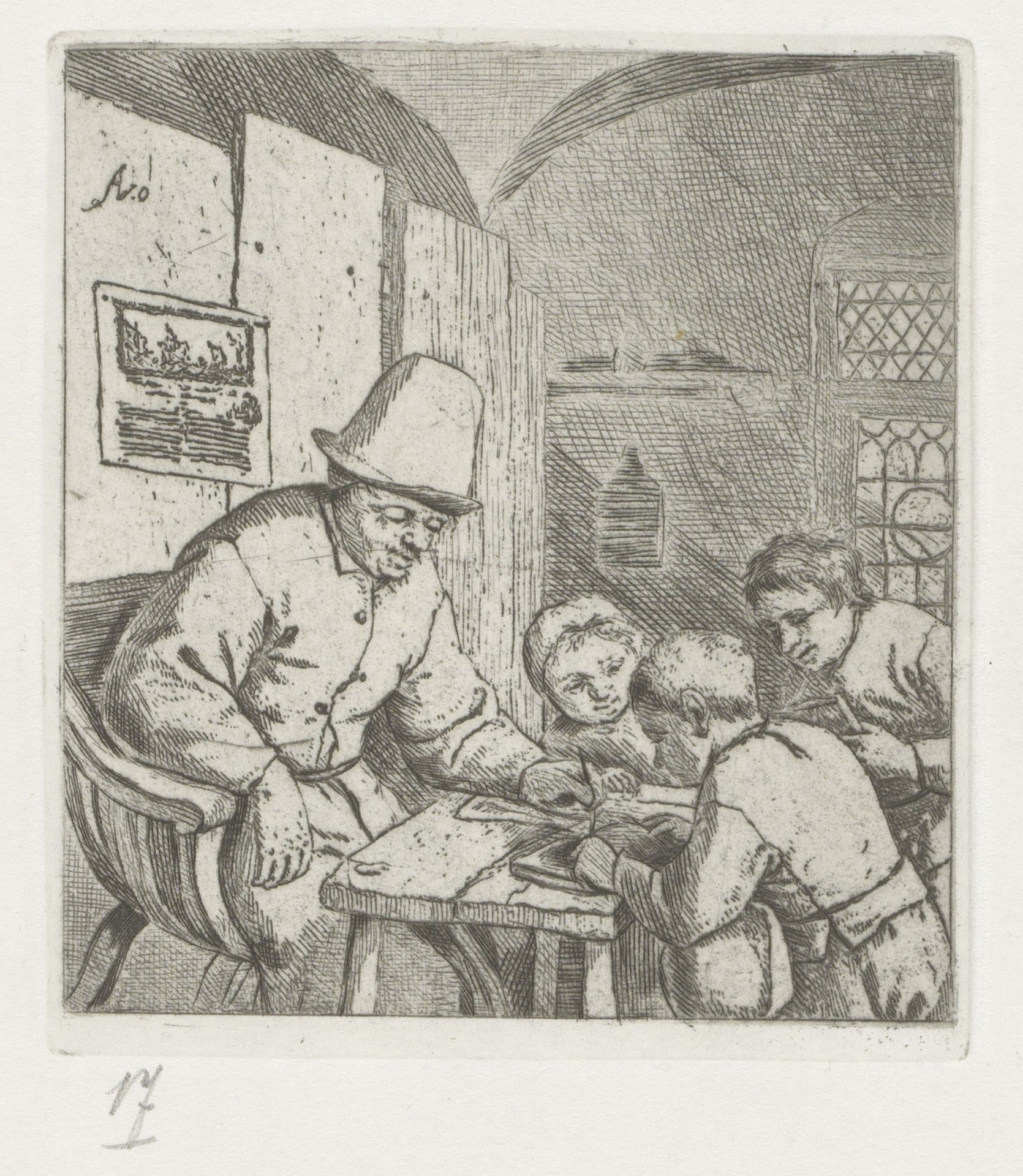 Schoolmeester met drie leerlingen bij tafel by Adriaen van Ostade