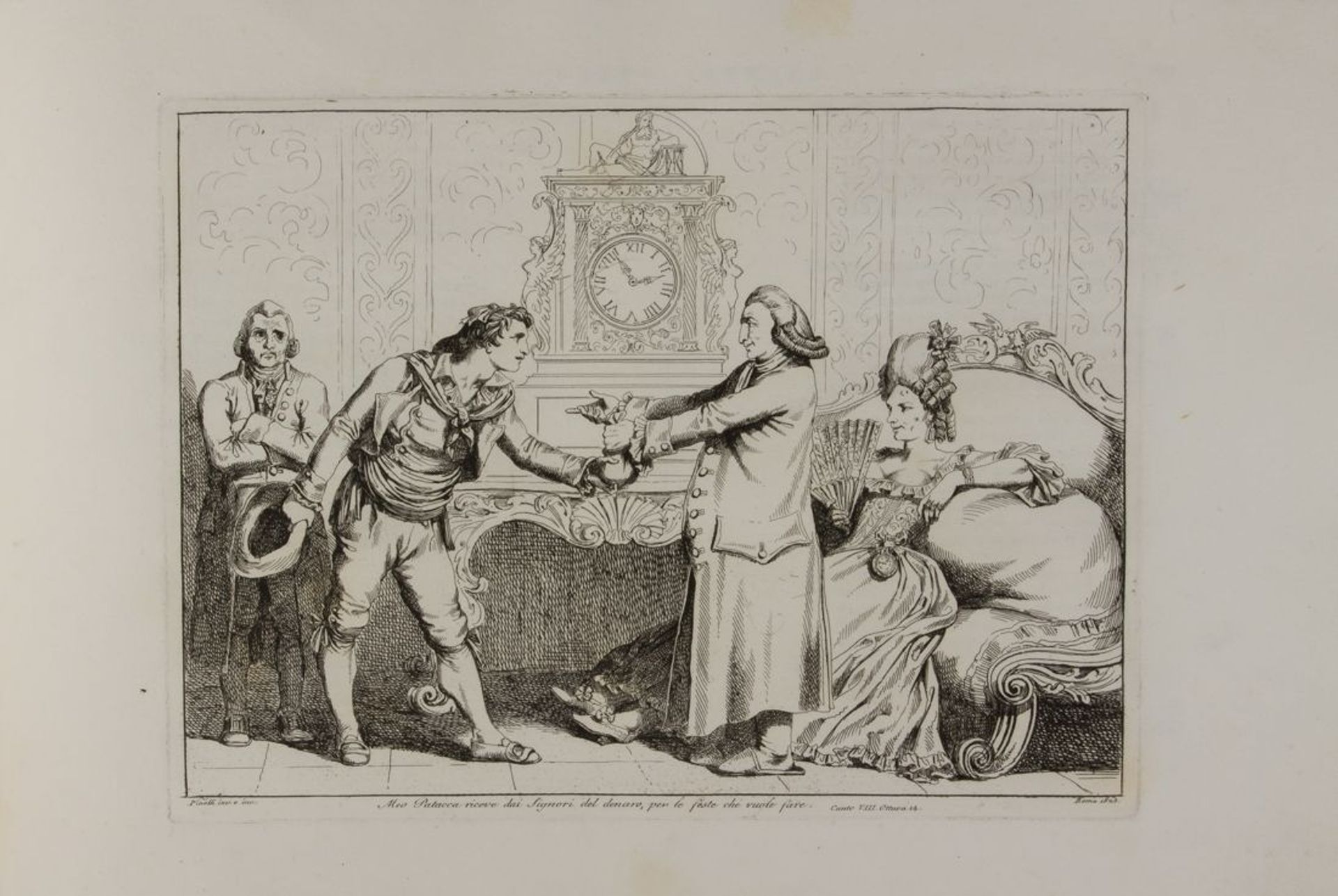 Meo Patacca receives money from the gentlemen for the the parties he wants to do (Plate ??/52) by Bartolomeo Pinelli