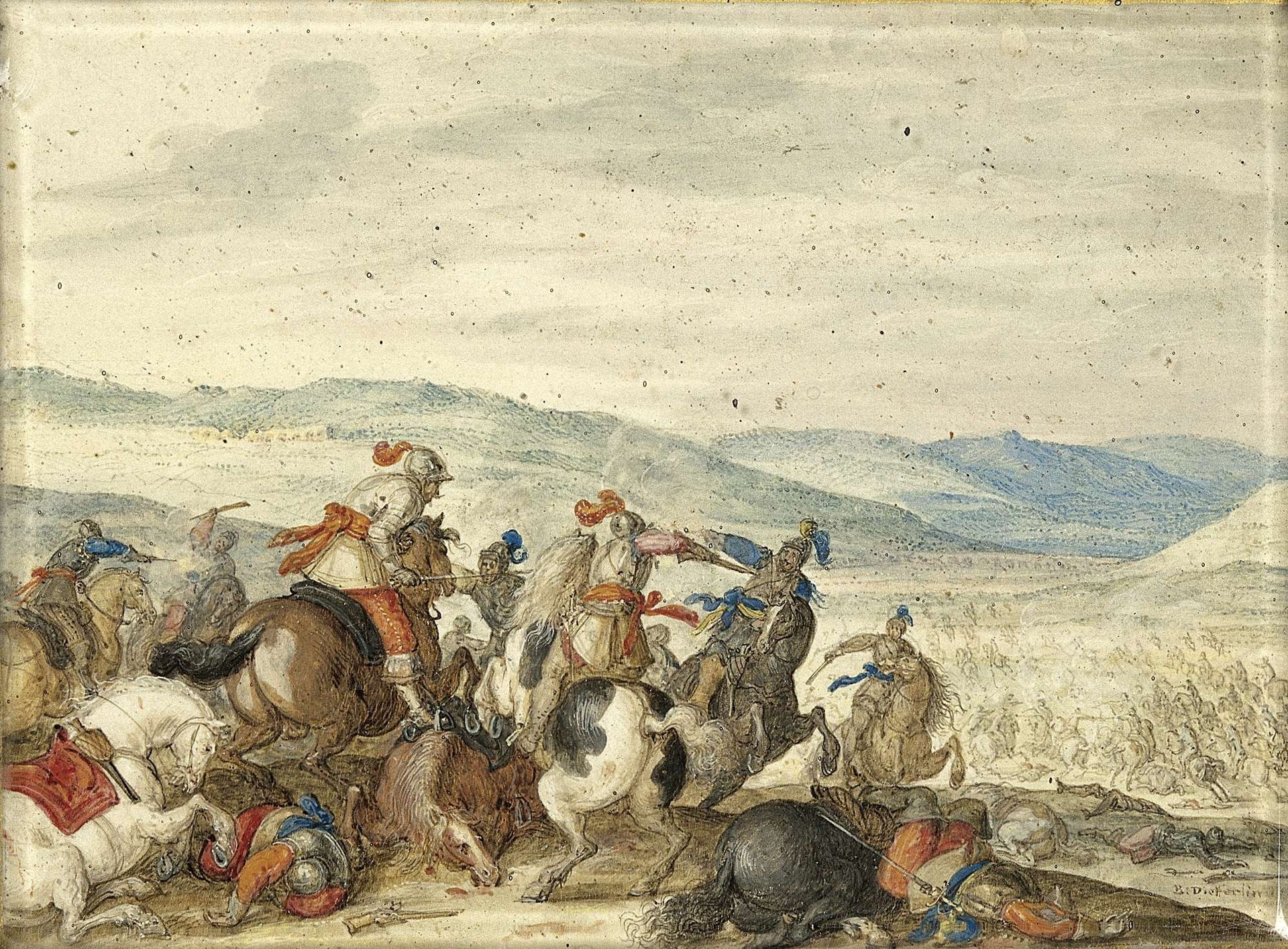 Cavalry Skirmish Mountainous Landscape by Bartholomäus Dietterlin