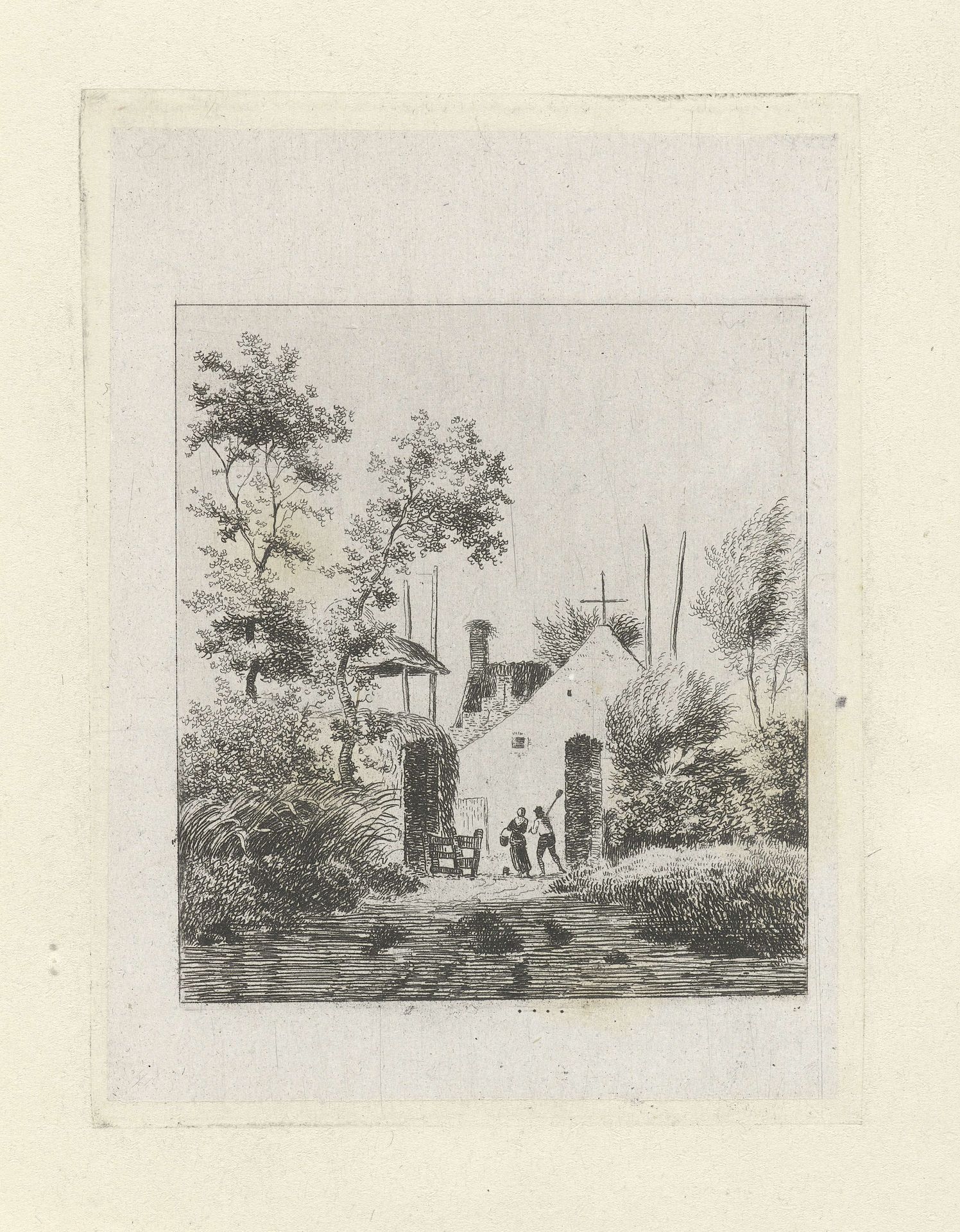 Man en een vrouw voor een boerderij by Jan Izaak van Mansvelt
