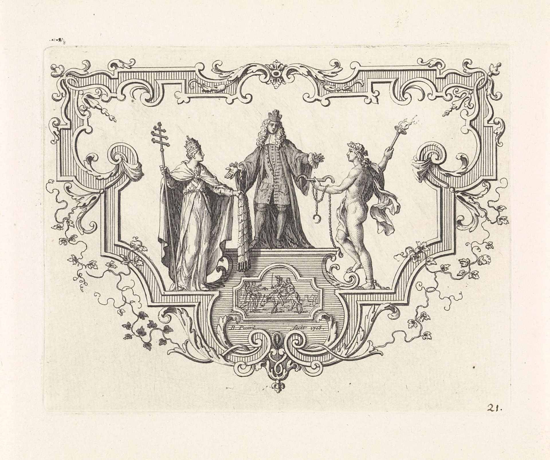 François de Maucroix geflankeerd door de Kerk en Hymen by Bernard Picart