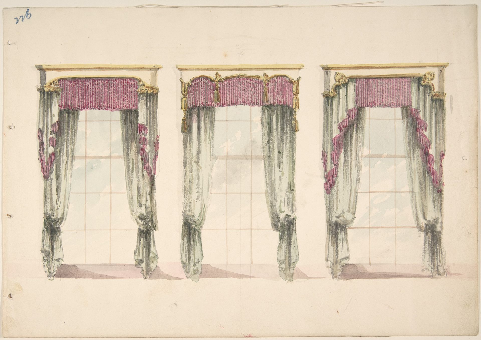 Design for Gray Curtains with Pink Fringes, and White and Gold Pediments by Anonymous