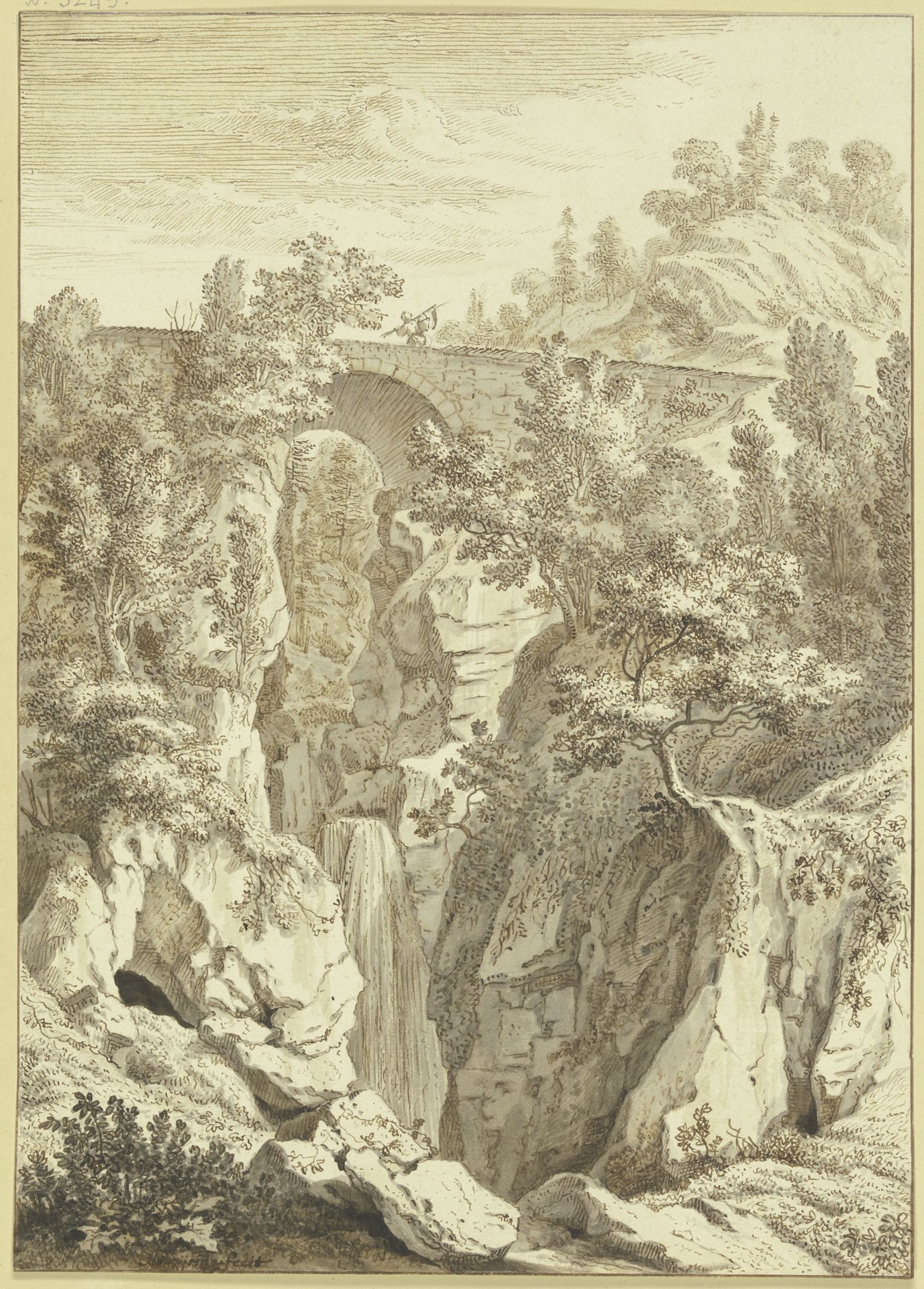 Wasserfall, über welchen eine Steinbrücke führt by Albert Meyeringh