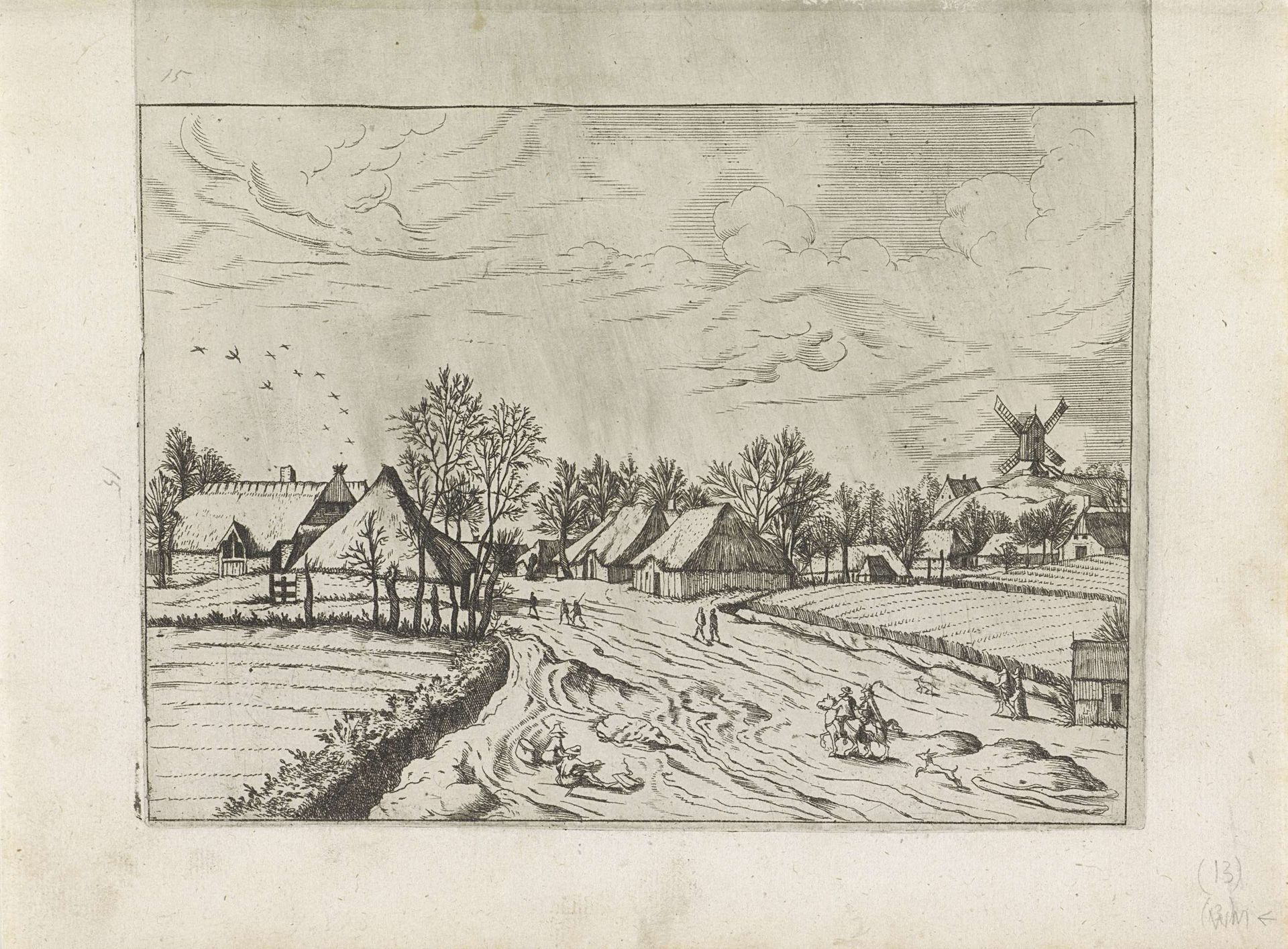 Dorp met windmolen by Johannes of Lucas van Doetechum