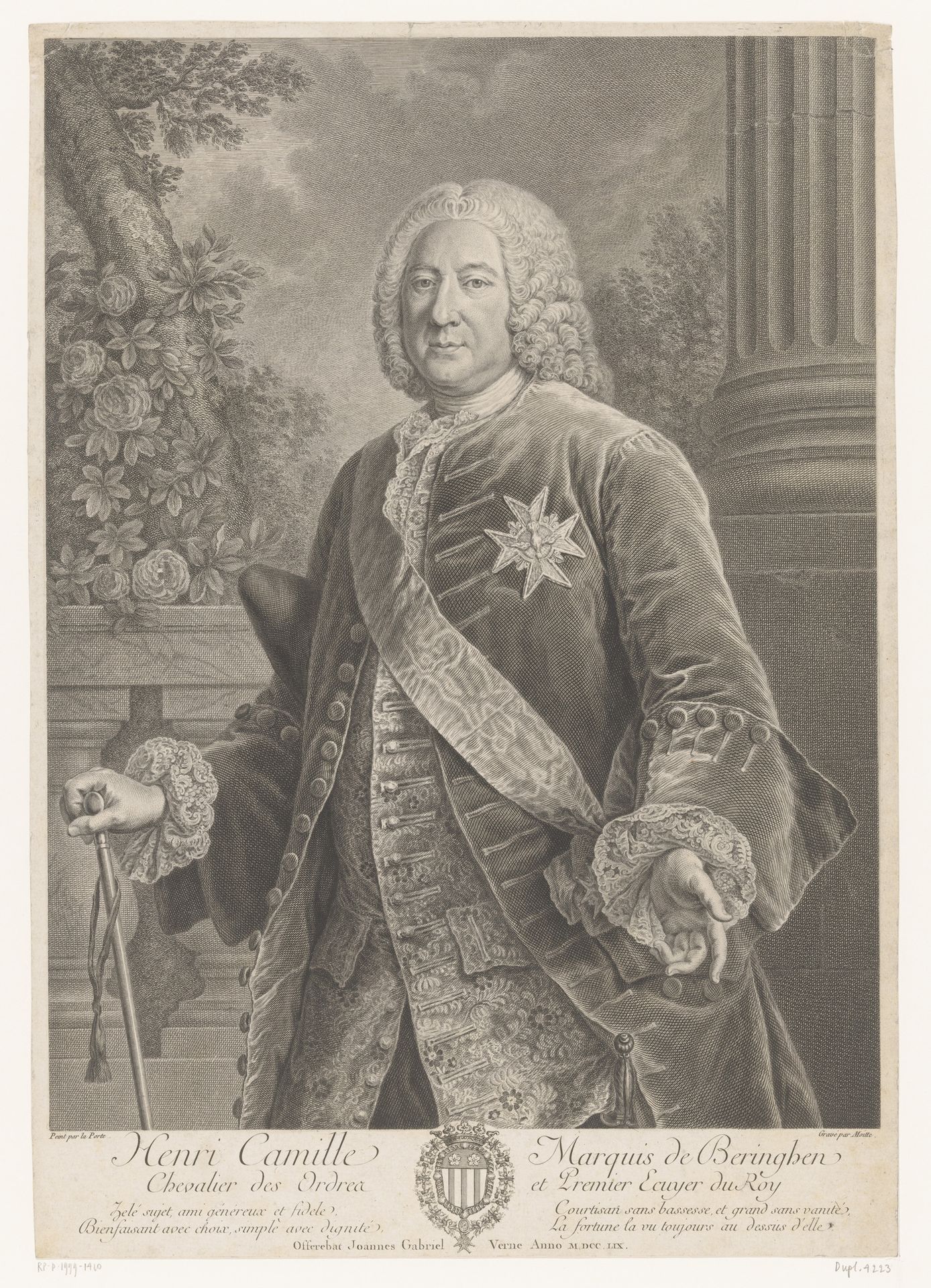 Portret van Henri-Camille de Beringhen op een bordes by Pierre Etienne Moitte