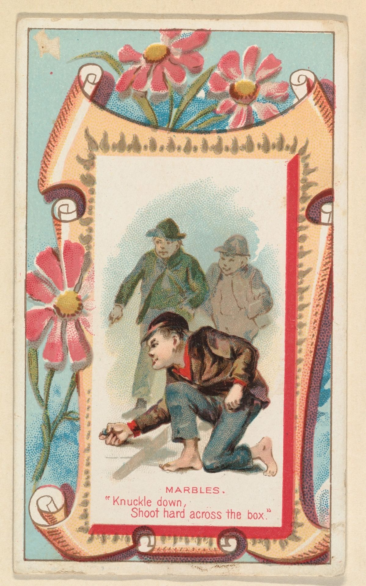 Marble, "Knock down, Shoot hard across the box," from the Terrors of America set (N136) issued by Duke Sons & Co. to promote Honest Long Cut Tobacco by W. Duke, Sons & Co.