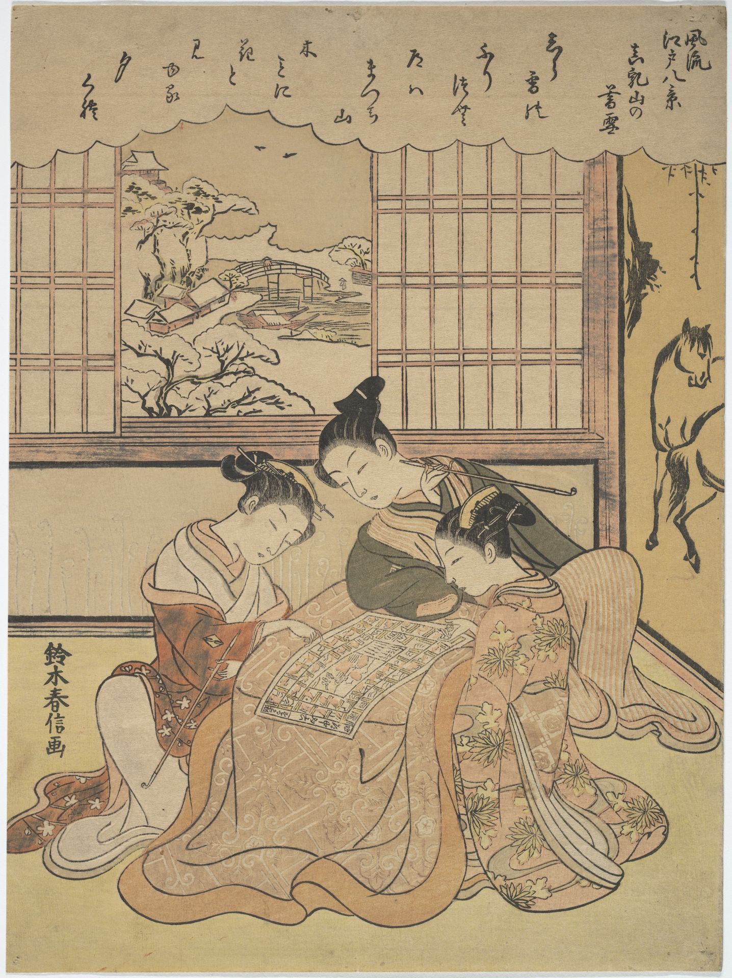 Evening Snow on Matsuchi Hilll, from the series Eight Fashionable Views of Edo (Furyu Edo hakkei) by Suzuki Harunobu 鈴木春信