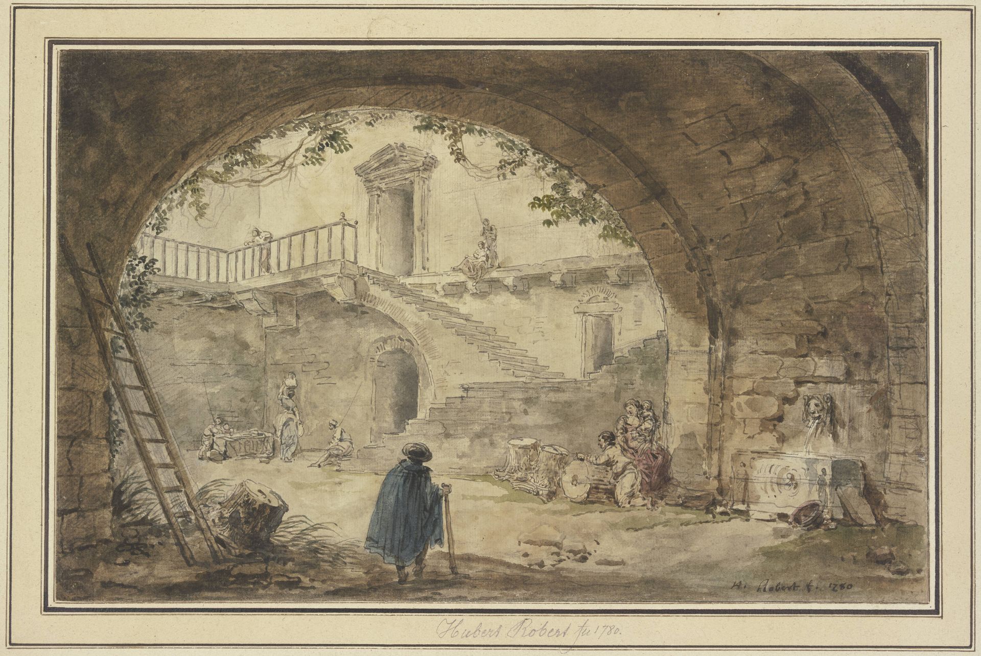 Gewölbe mit antikem Brunnen und Aussicht auf eine Treppe by Hubert Robert