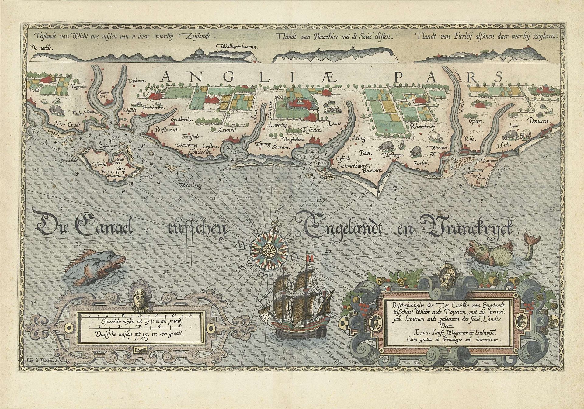 Kaart van de Zuidengelse kust tussen de Isle of Wight en Dover by Joannes van (I) Doetechum