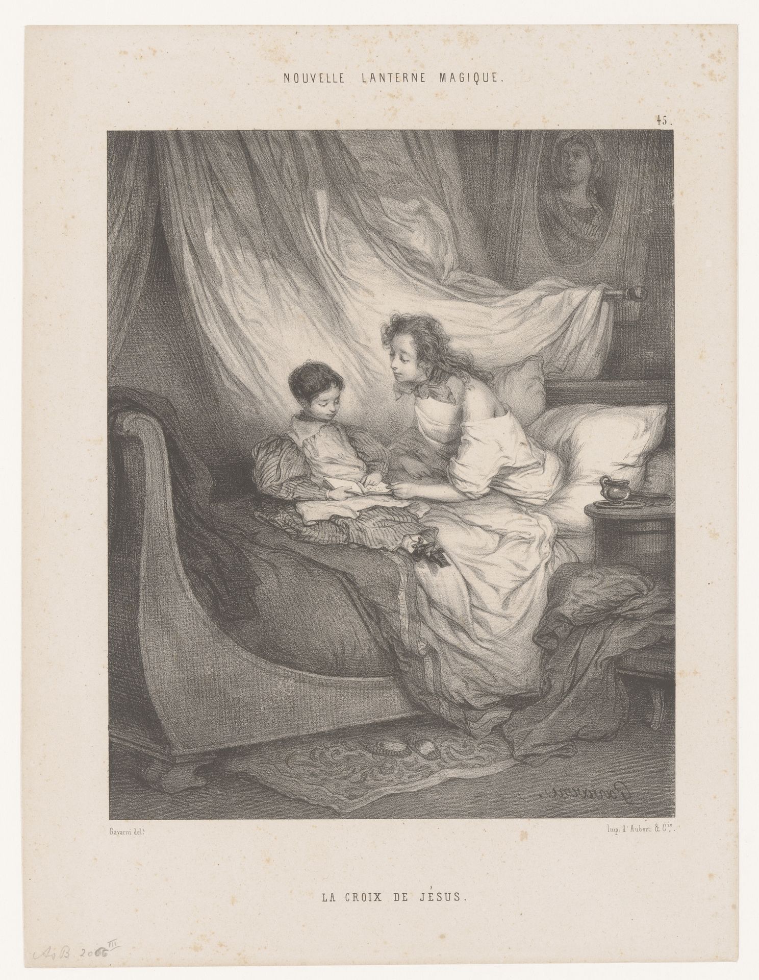 Moeder leest boek met kind op bed by Paul Gavarni