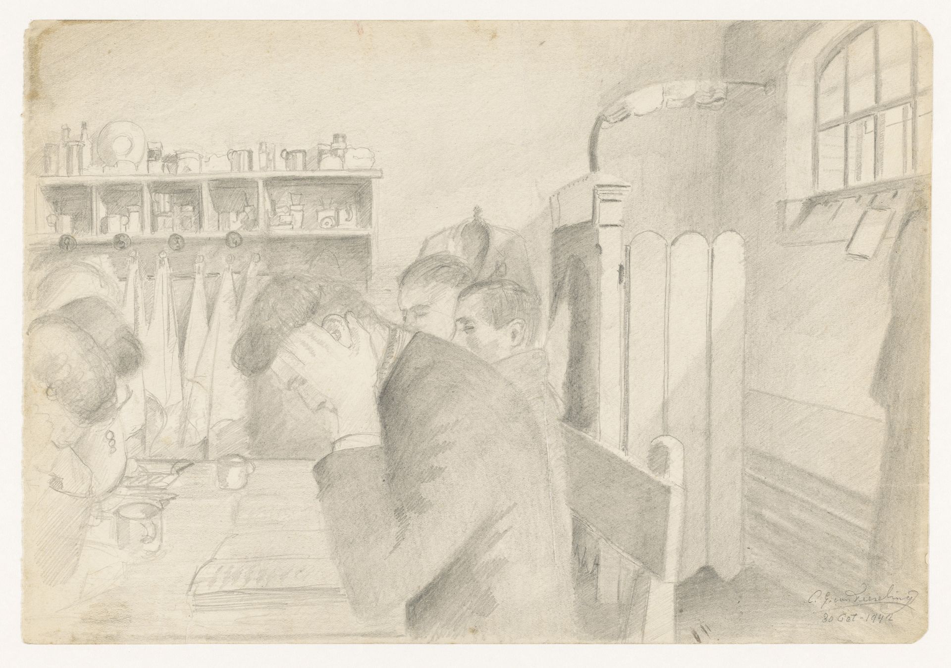 Kamer in de gevangenis met lezende mensen aan een tafel, 1942 by Cor van Teeseling