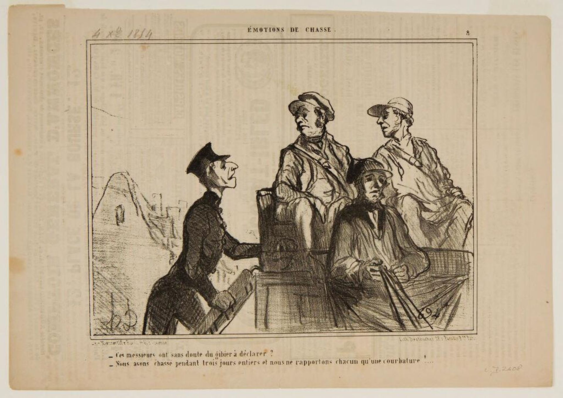 "You gentlemen doubtless have some game to declare?" by Honoré Daumier