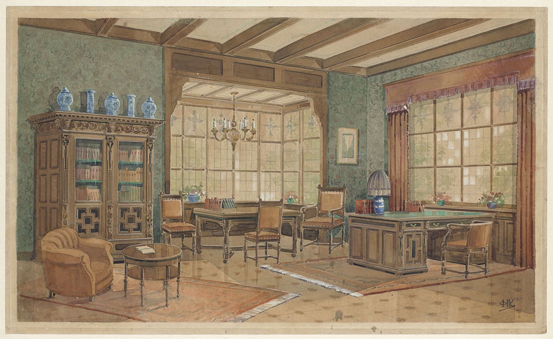 Interieur met boekenkast in renaissance-stijl by Monogrammist HK (Nederland 20ste eeuw)