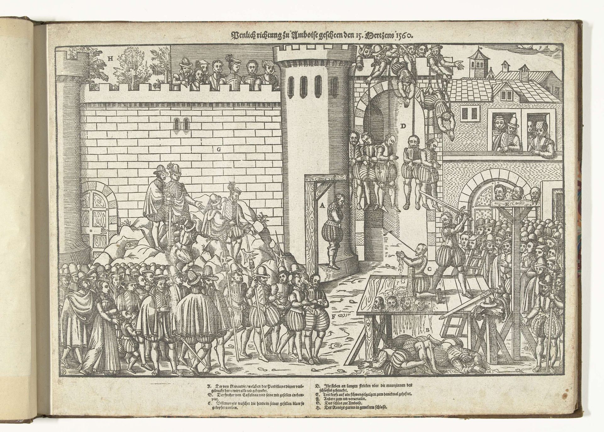Zeven edelen voor de poort van het Château d'Amboise opgehangen, 1560 by Jean Perrissin