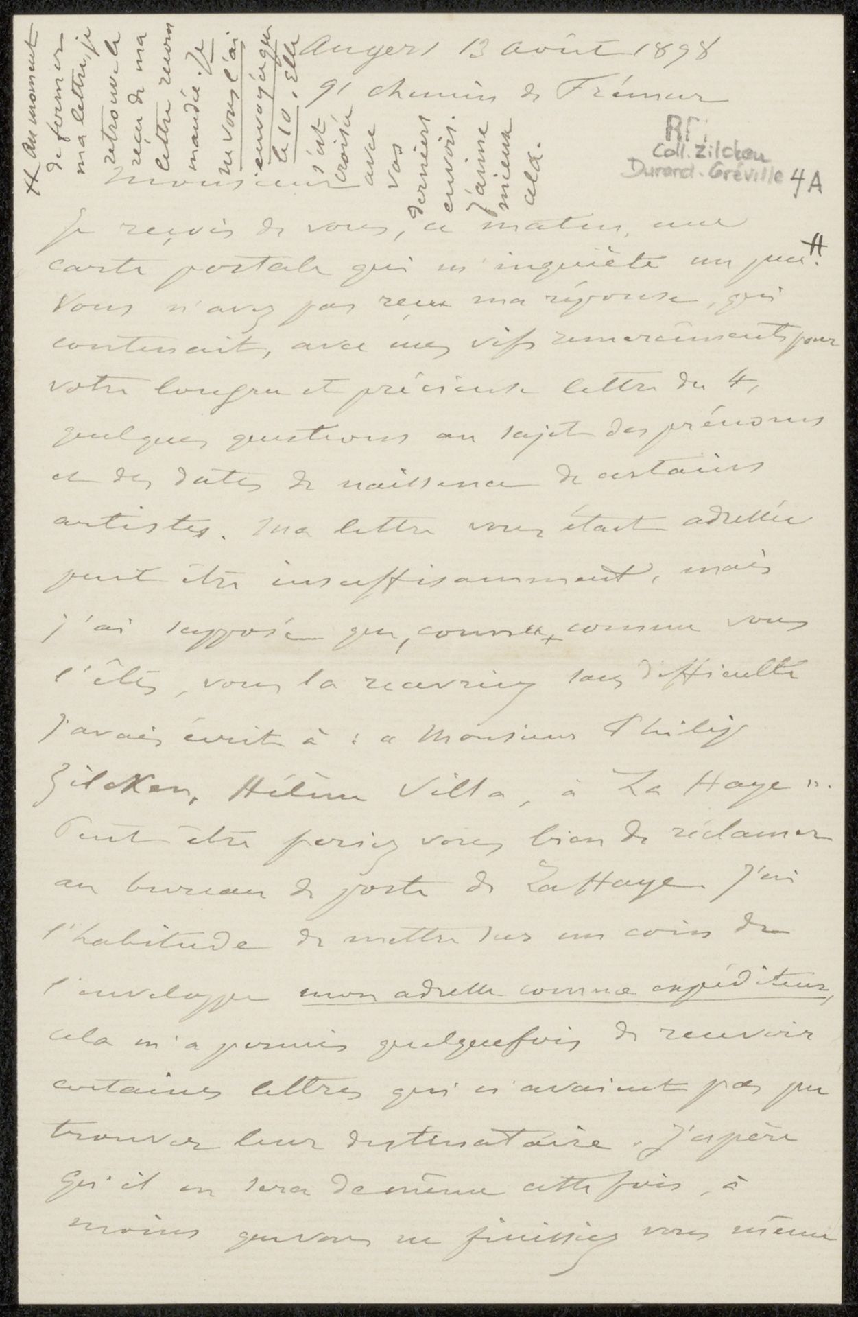 Brief aan Philip Zilcken by Émile Durand-Gréville