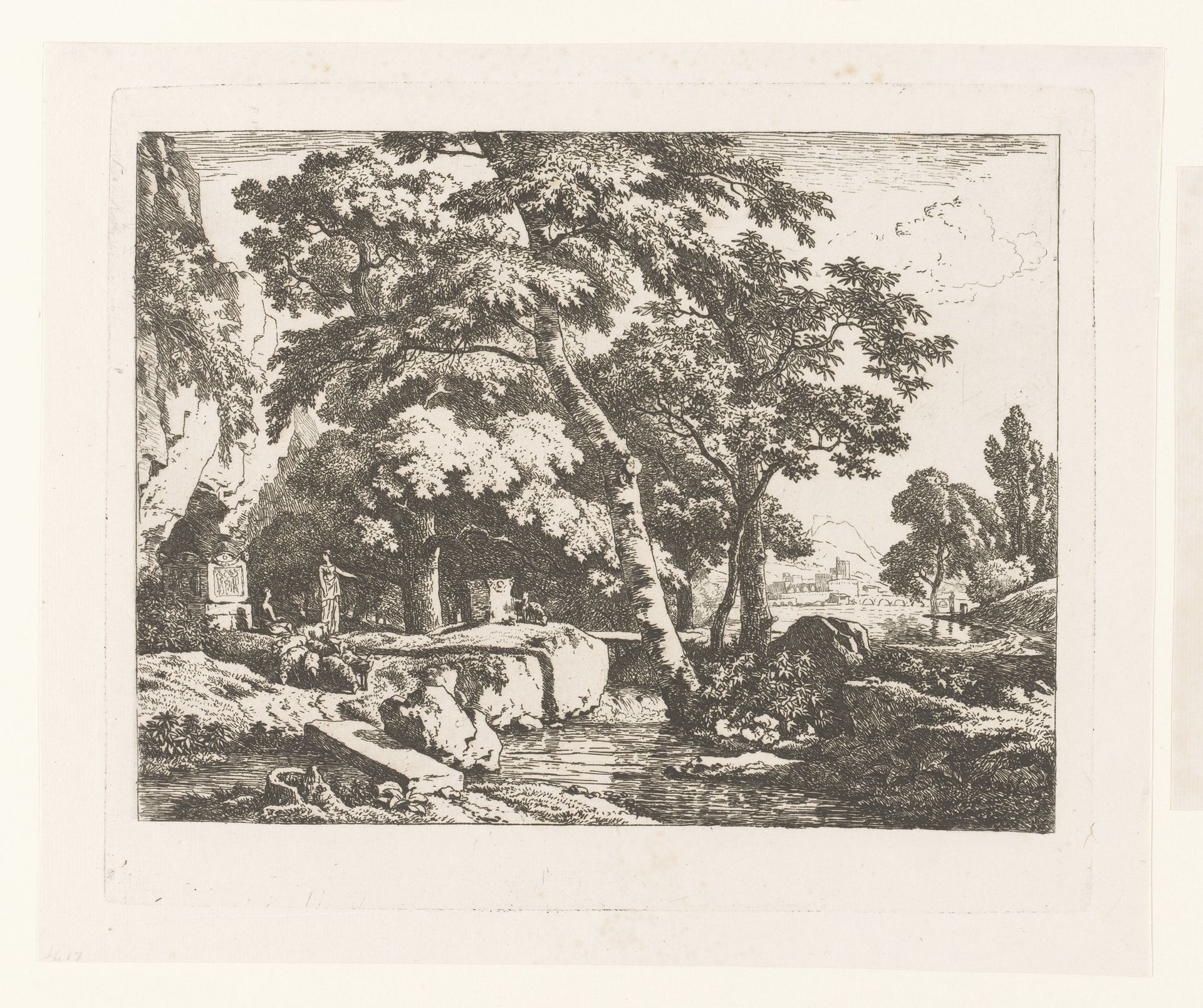Landschap met twee figuren en een kudde schapen bij een altaar by Jean Louis Demarne