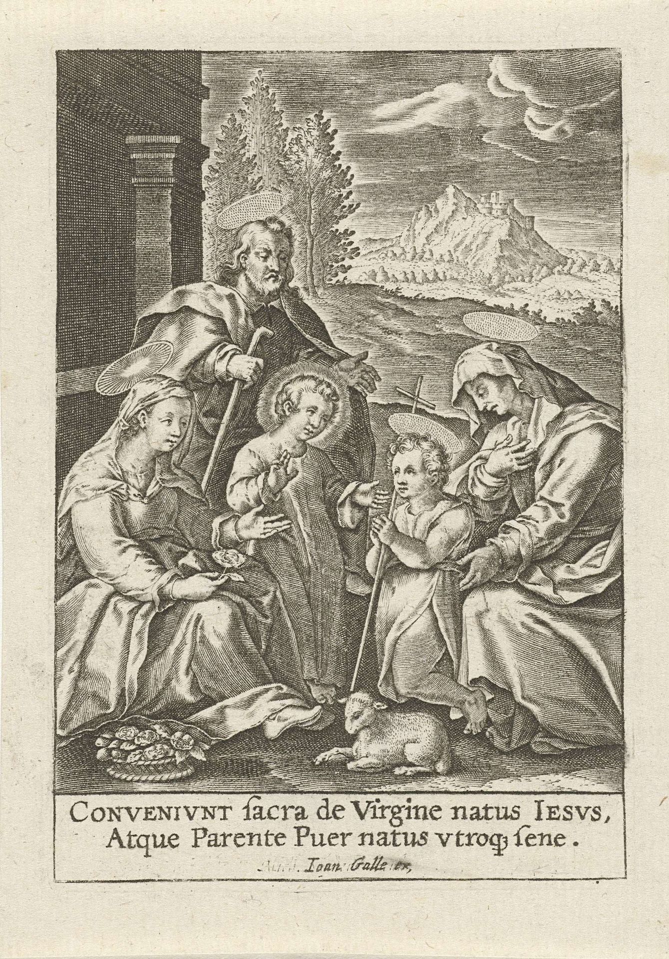Heilige Familie met Johannes de Doper als kind en de H. Elisabet by Joannes Galle