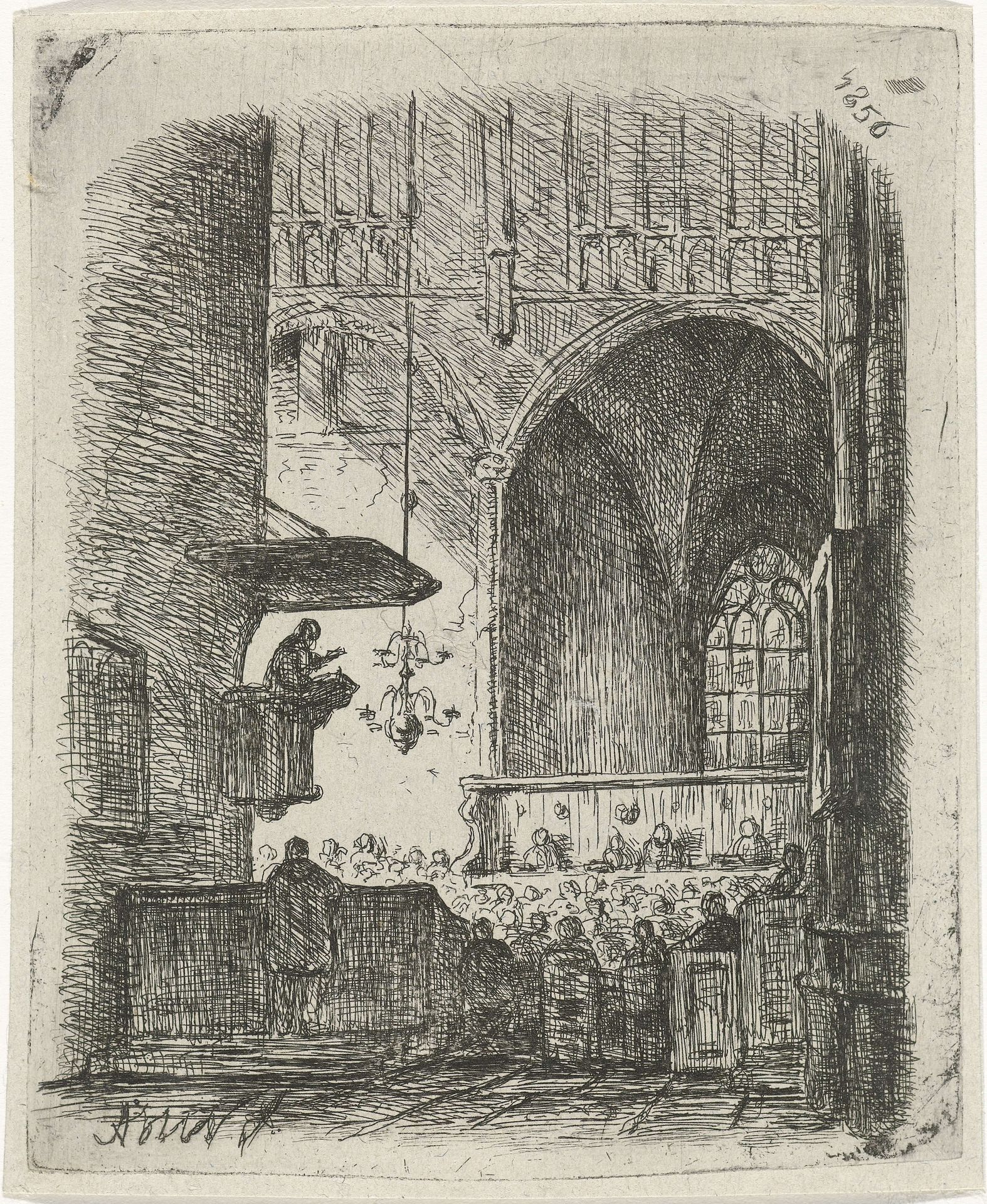 Kerkinterieur met kerkdienst by Adrianus Wilhelmus Nieuwenhuyzen